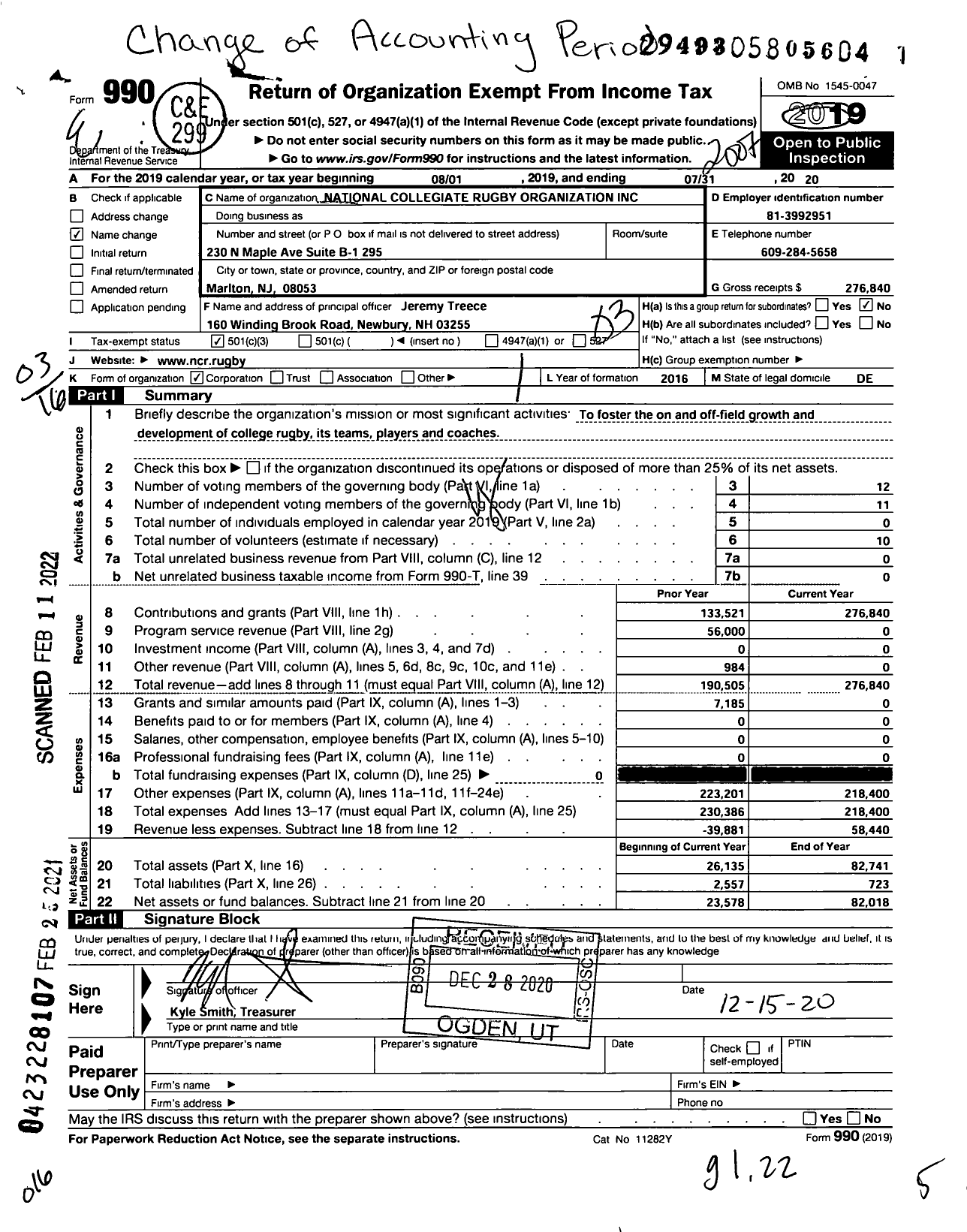 Image of first page of 2019 Form 990 for National Collegiate Rugby Organization (NCR)