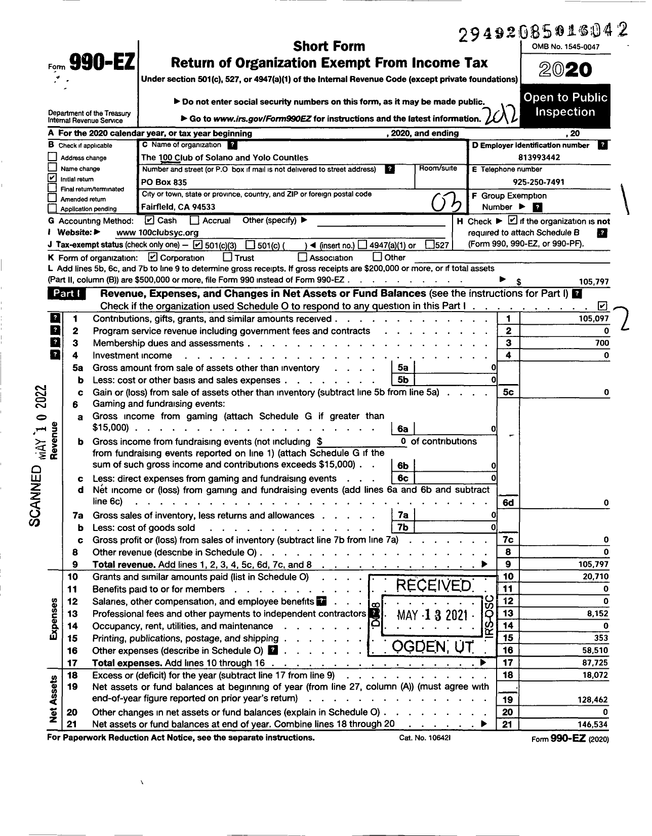 Image of first page of 2020 Form 990EZ for The 100 Club of Solano and Yolo Counties