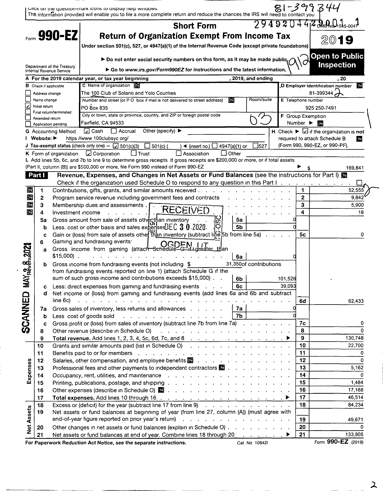 Image of first page of 2019 Form 990EZ for The 100 Club of Solano and Yolo Counties