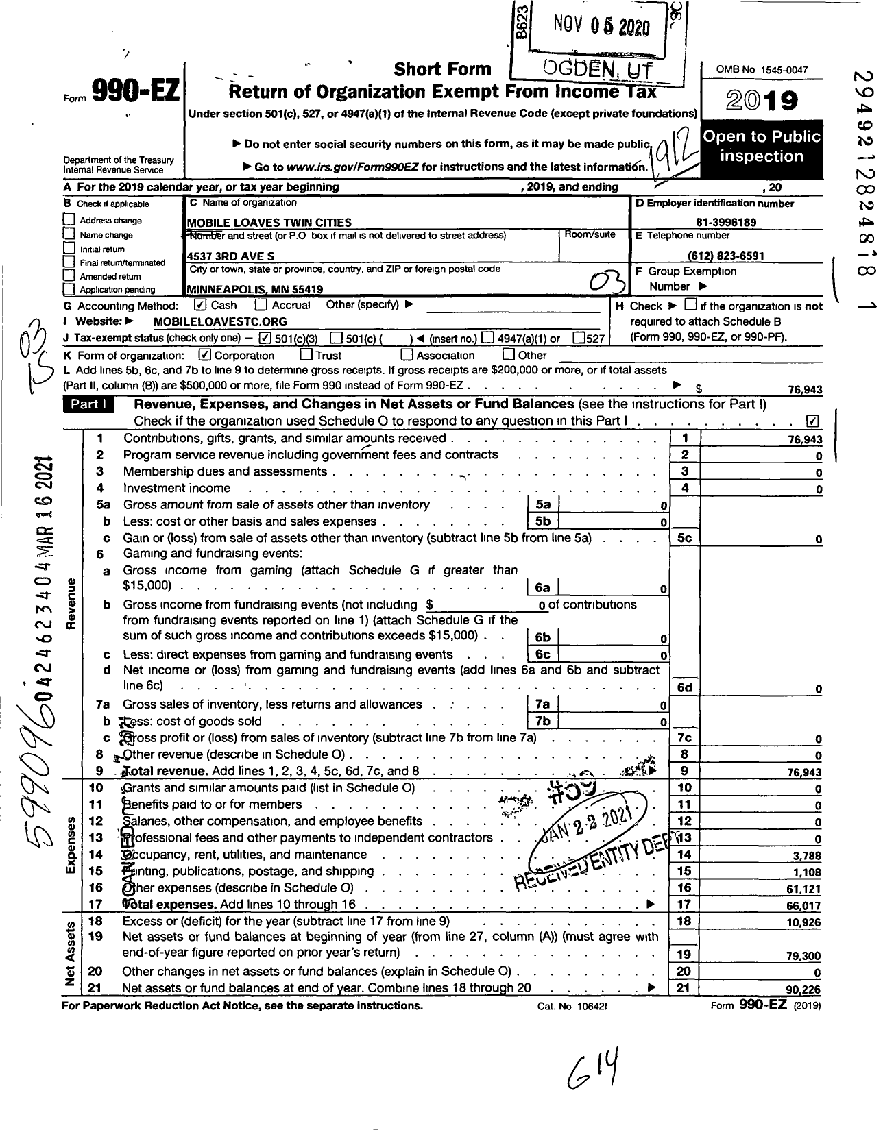 Image of first page of 2019 Form 990EZ for Mobile Loaves Twin Cities