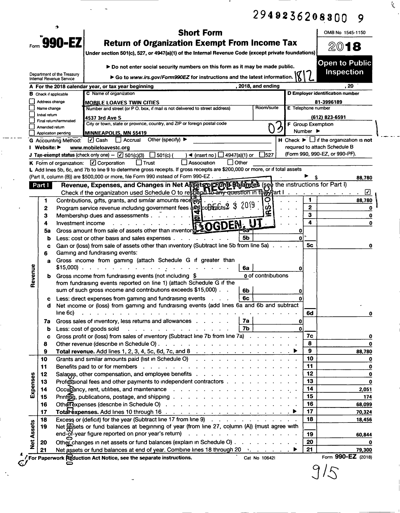 Image of first page of 2018 Form 990EZ for Mobile Loaves Twin Cities