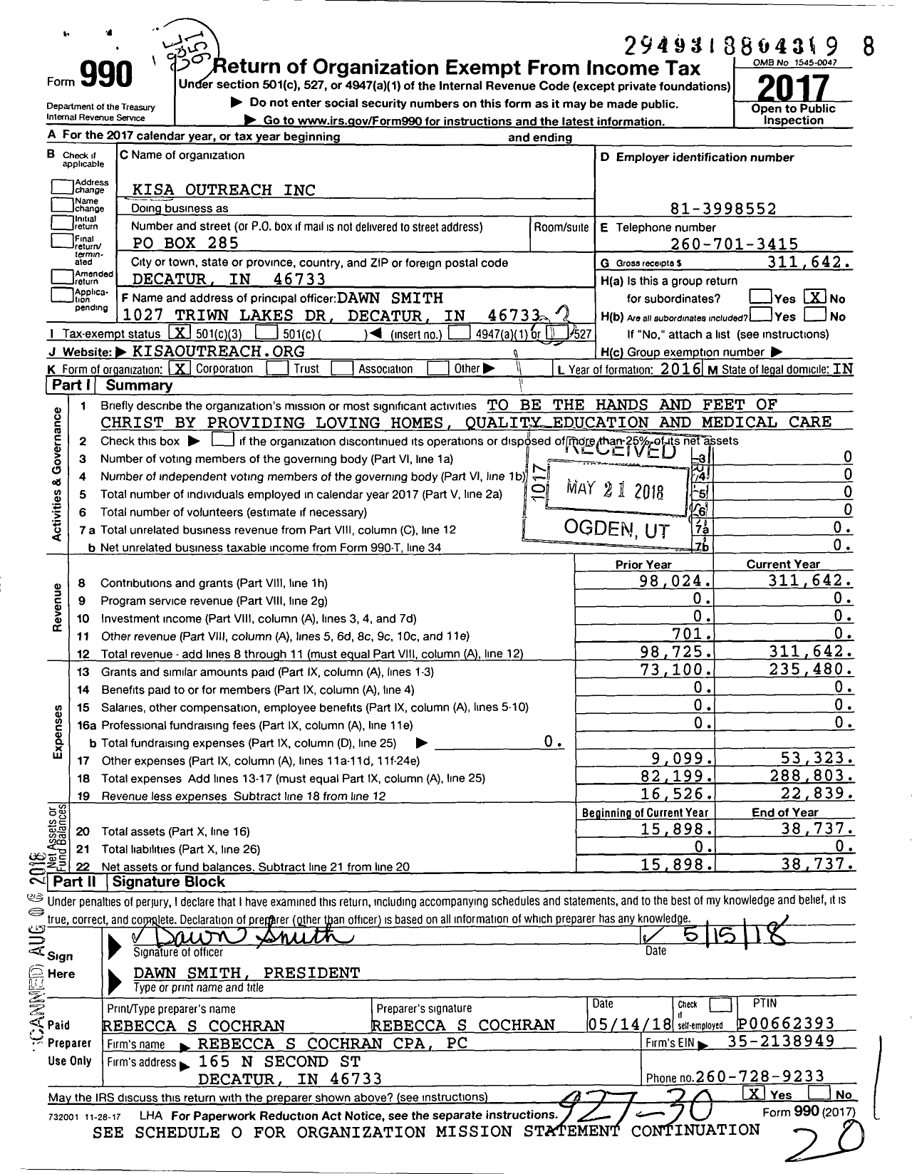 Image of first page of 2017 Form 990 for Kisa Outreach