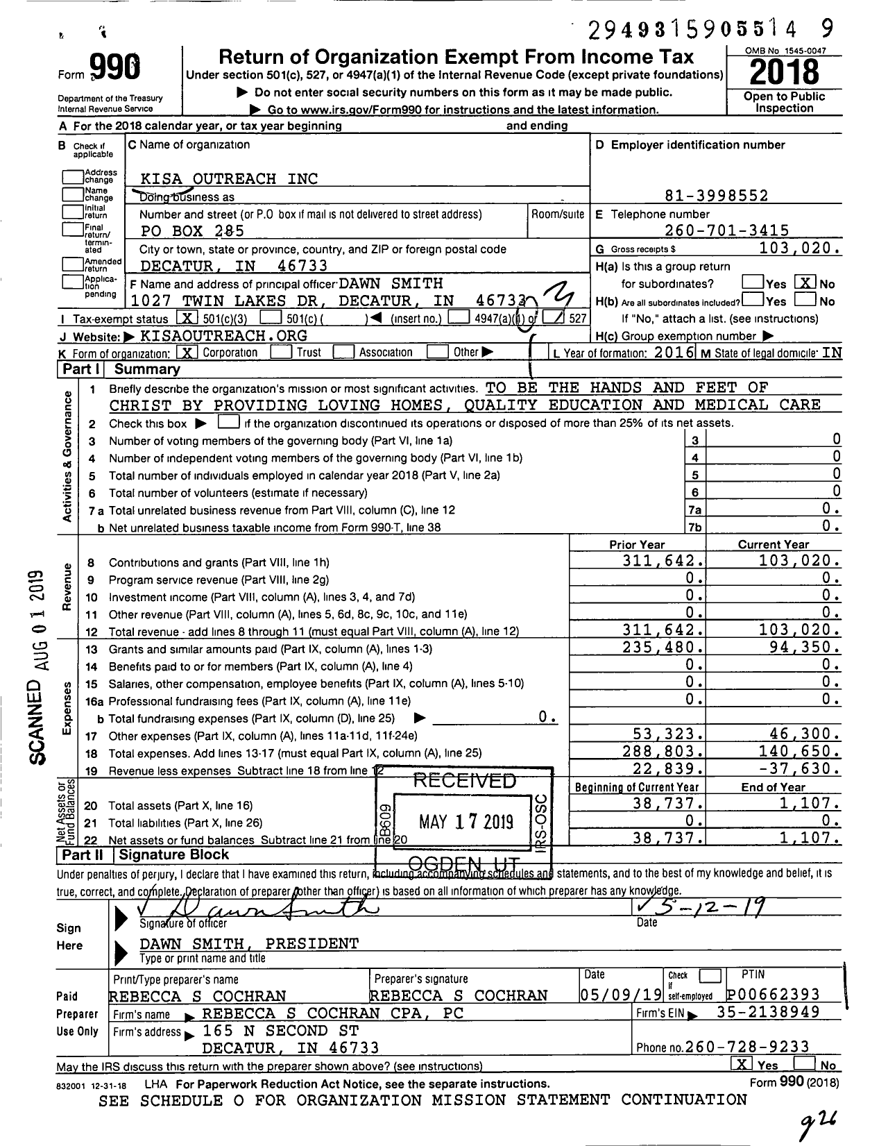 Image of first page of 2018 Form 990 for Kisa Outreach