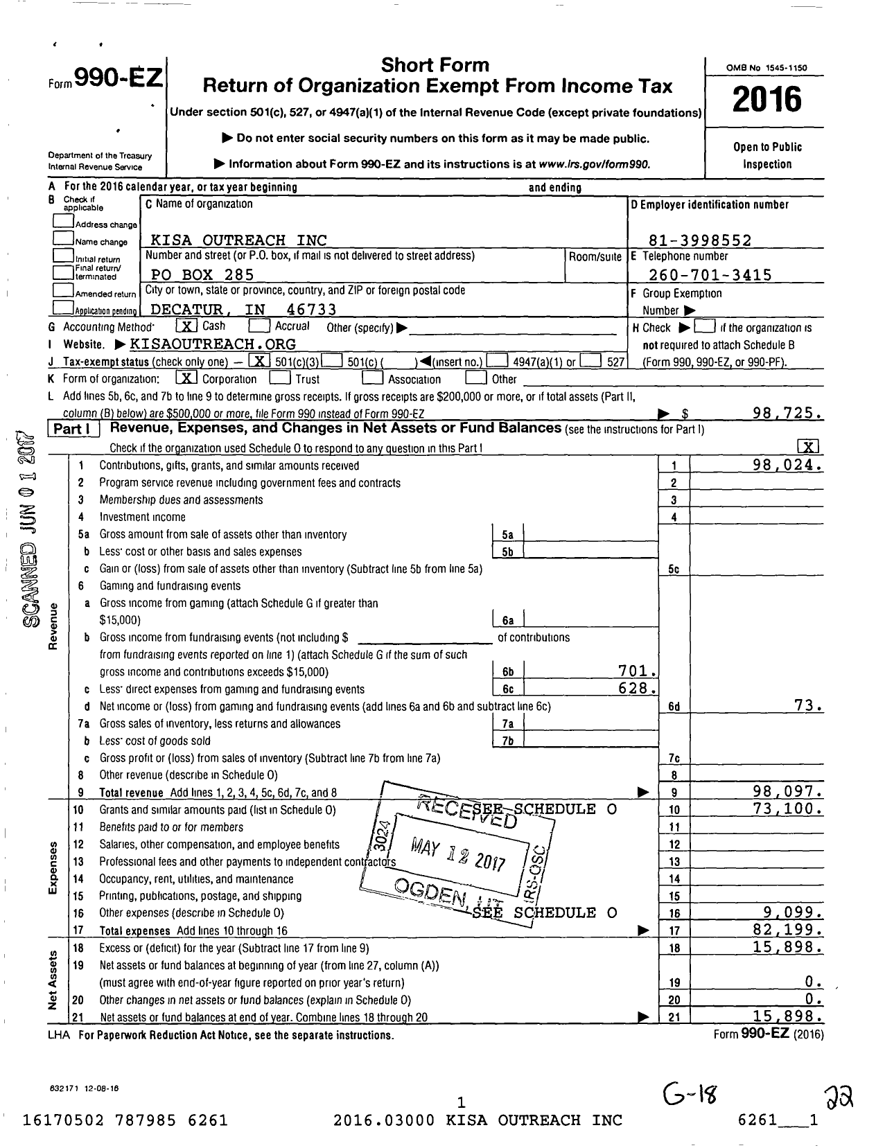 Image of first page of 2016 Form 990EZ for Kisa Outreach