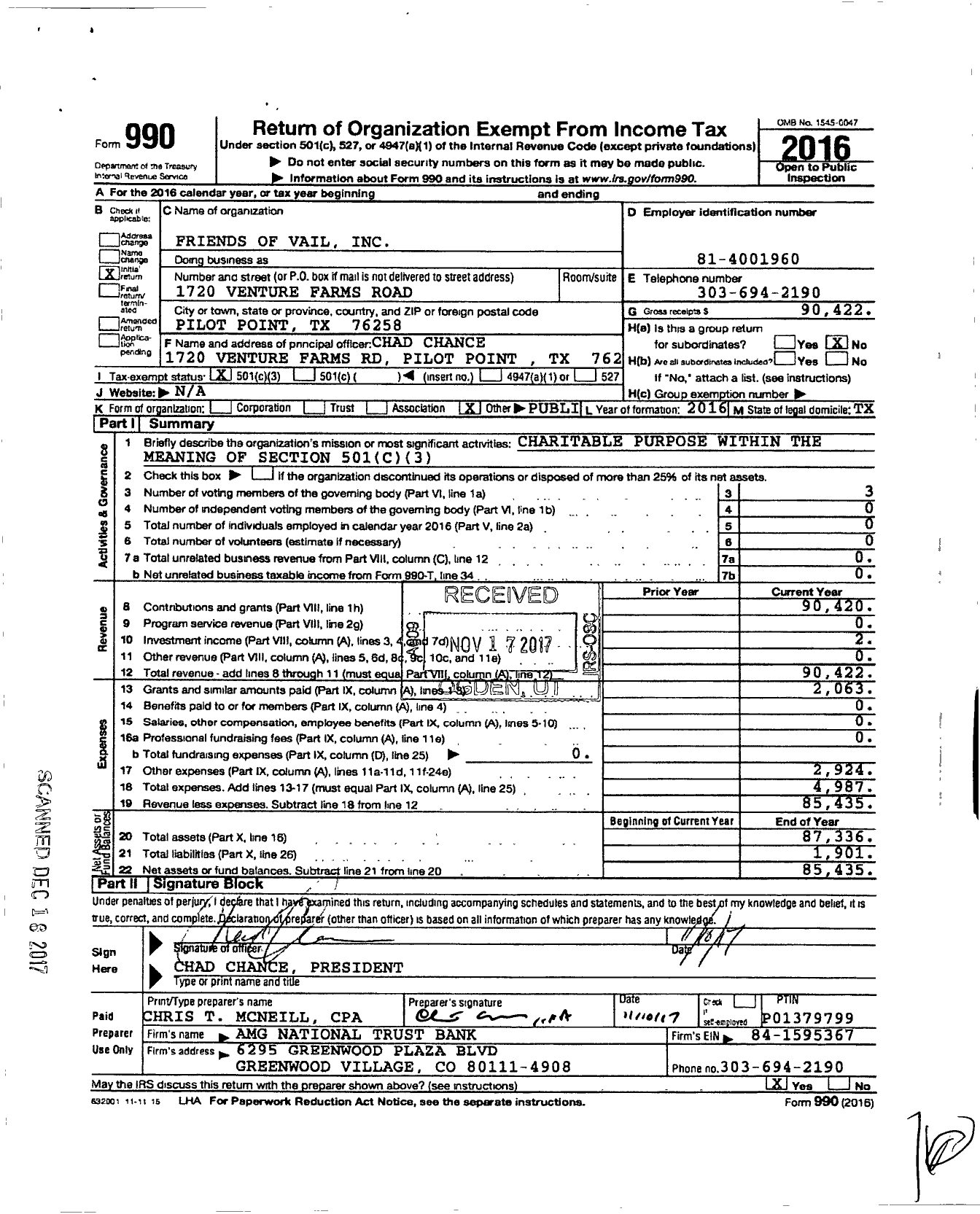 Image of first page of 2016 Form 990 for Friends of Vail