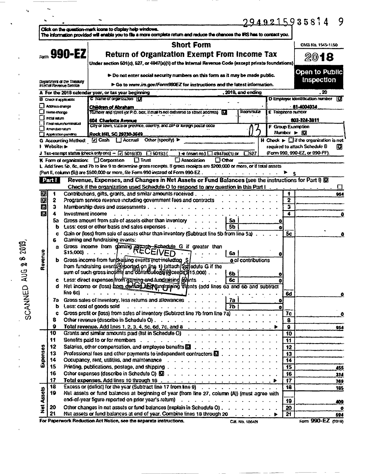 Image of first page of 2018 Form 990EZ for Children of Abraham