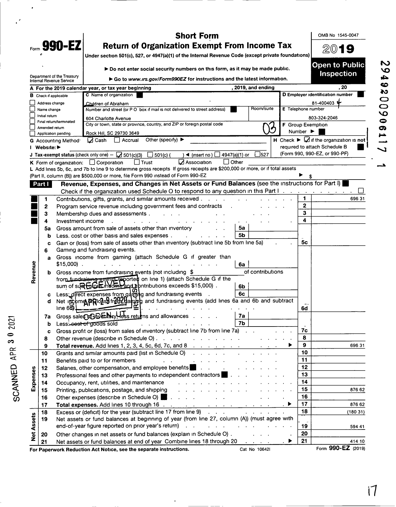 Image of first page of 2019 Form 990EZ for Children of Abraham