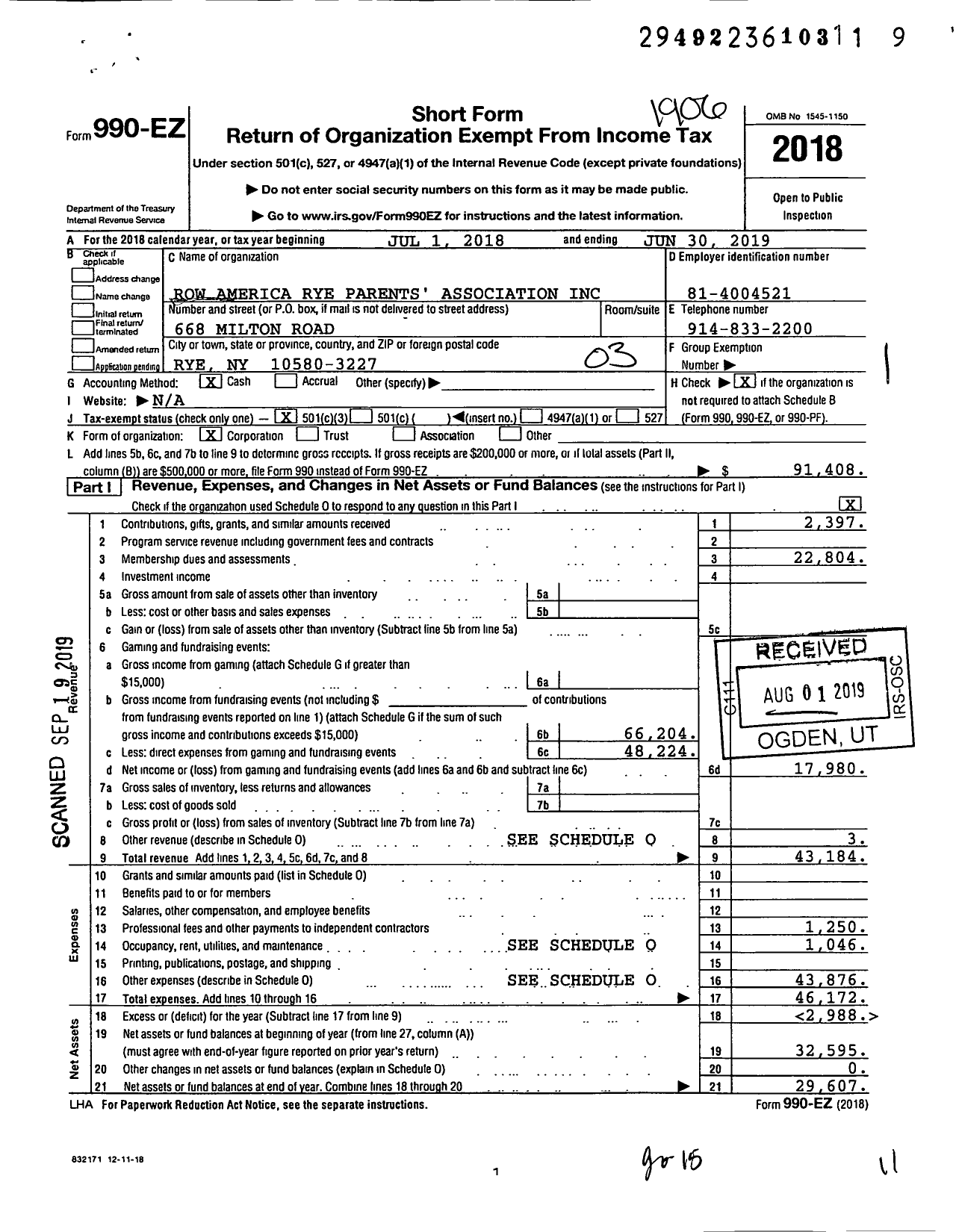 Image of first page of 2018 Form 990EZ for Row America Rye Parents' Association