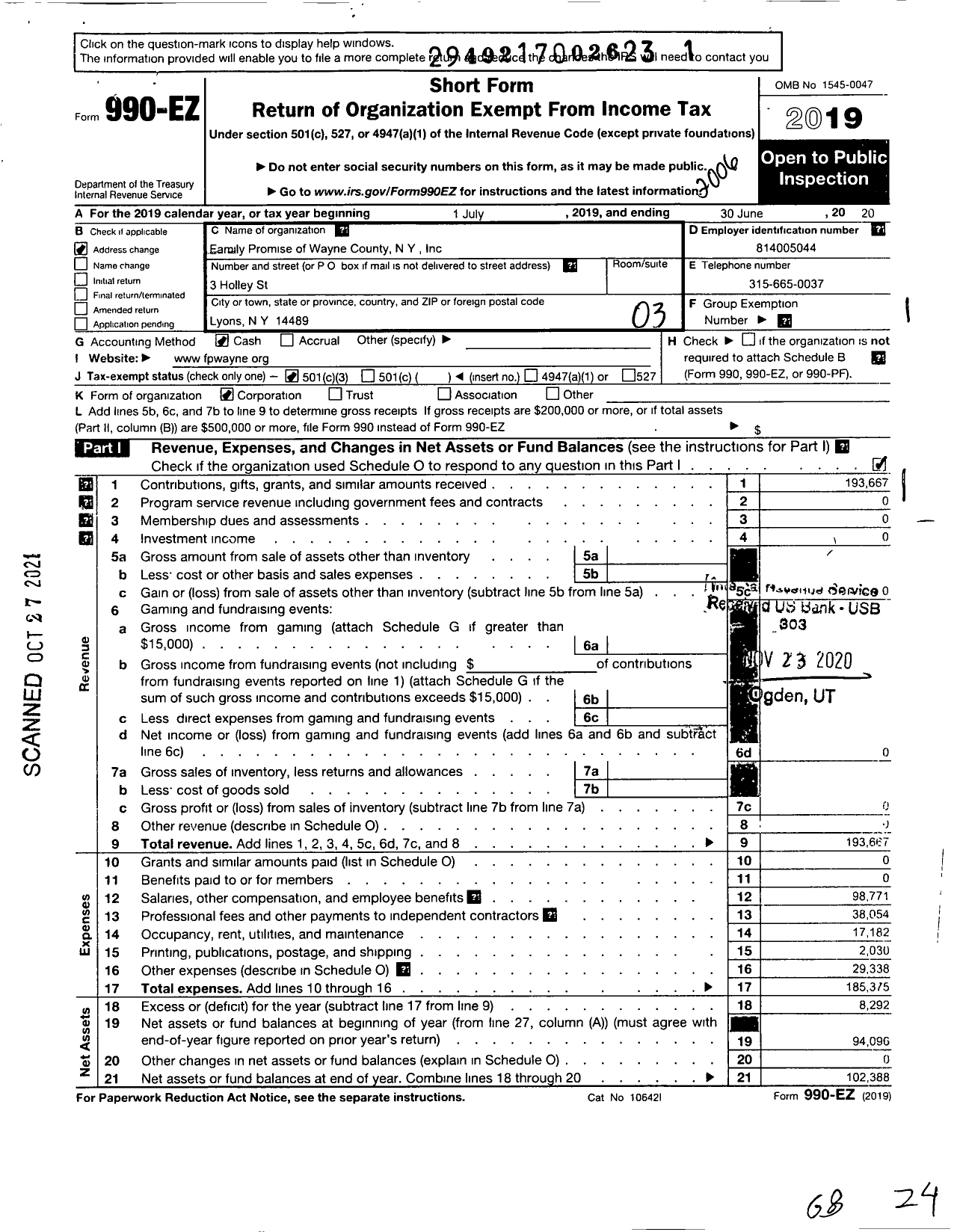 Image of first page of 2019 Form 990EZ for Family Promise of Wayne County Ny