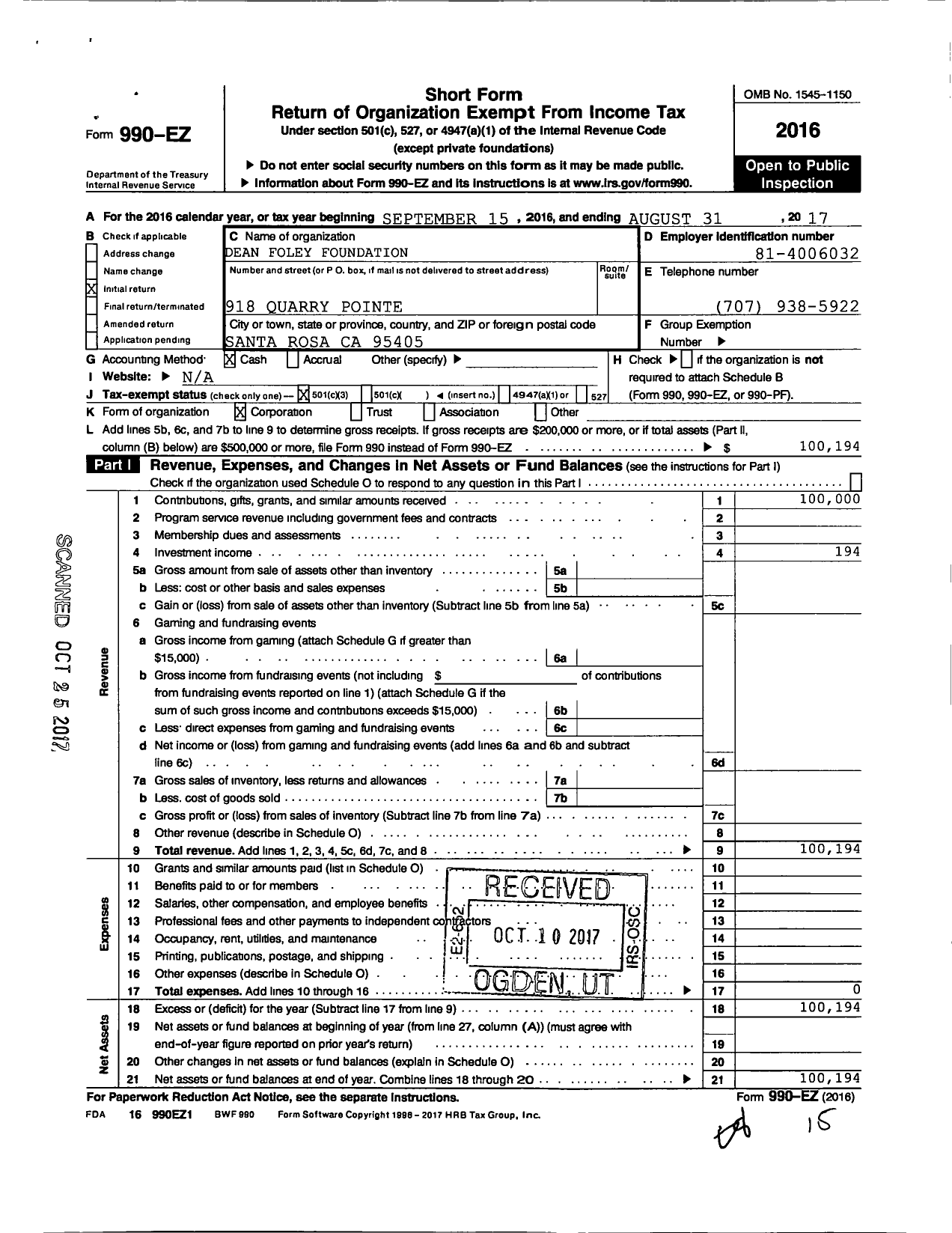 Image of first page of 2016 Form 990EZ for Dean Foley Foundation