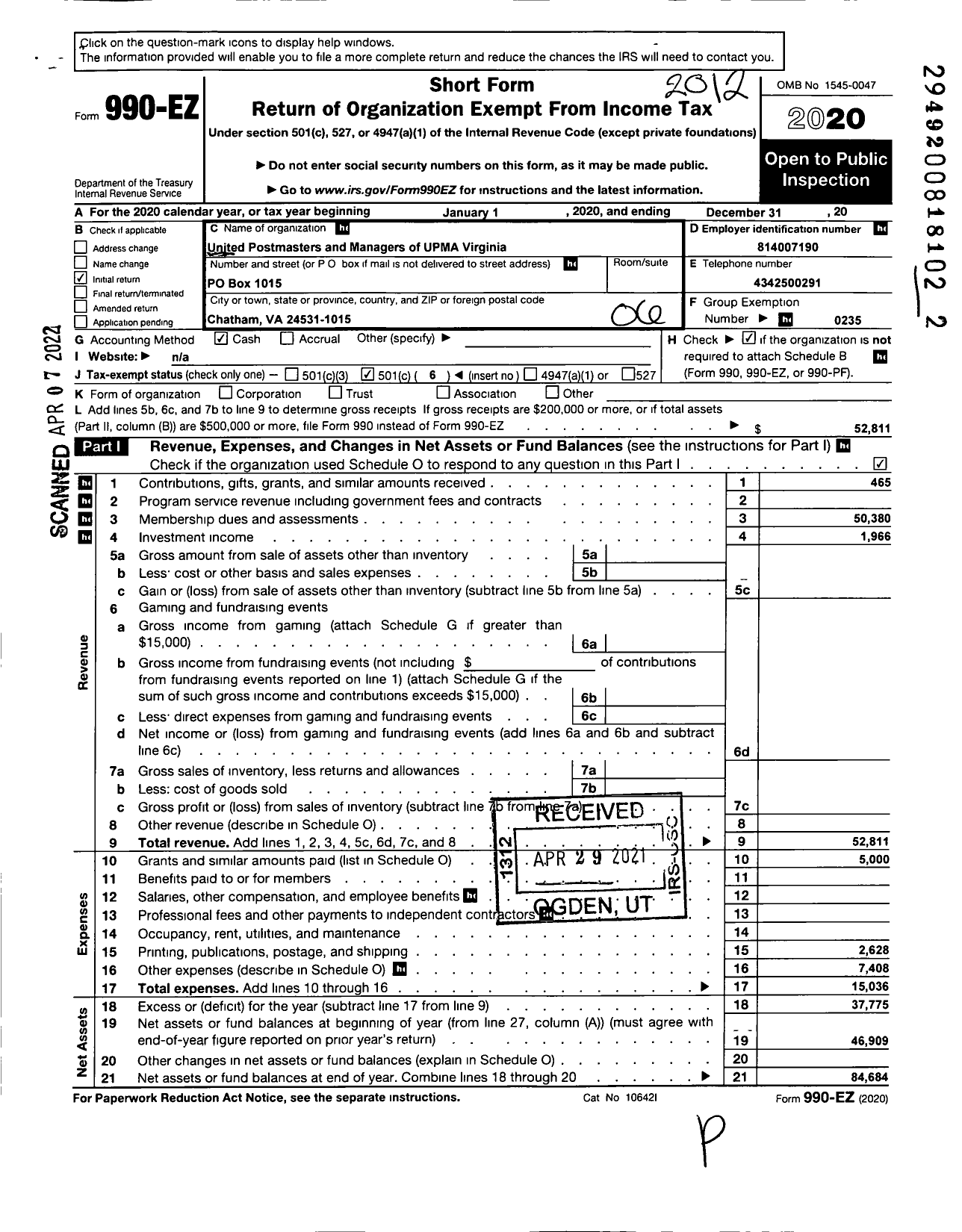 Image of first page of 2020 Form 990EO for UNITED POSTMASTERS AND MANAGERS OF UPMA Virginia