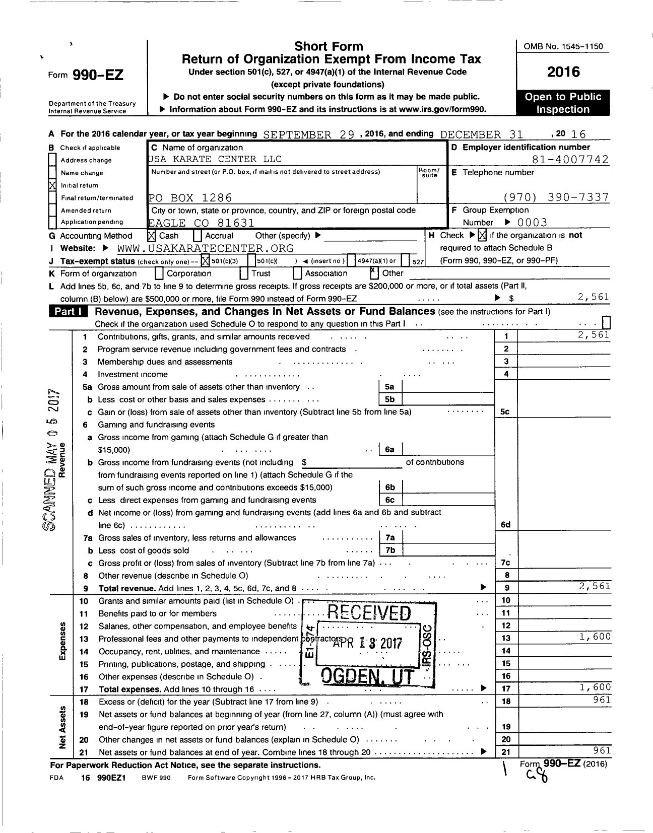 Image of first page of 2016 Form 990EZ for USA Karate Center