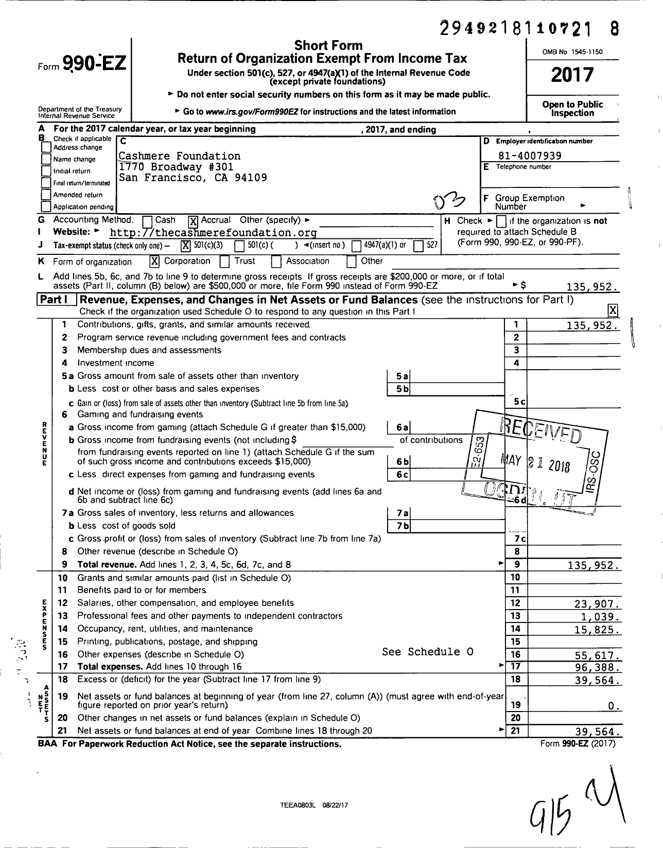 Image of first page of 2017 Form 990EZ for Cashmere Foundation