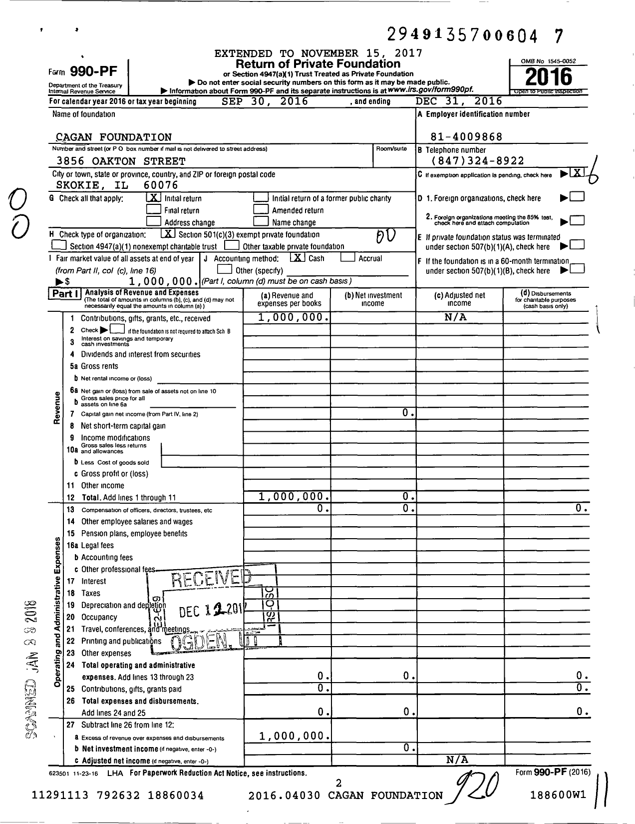 Image of first page of 2016 Form 990PF for Cagan Foundation