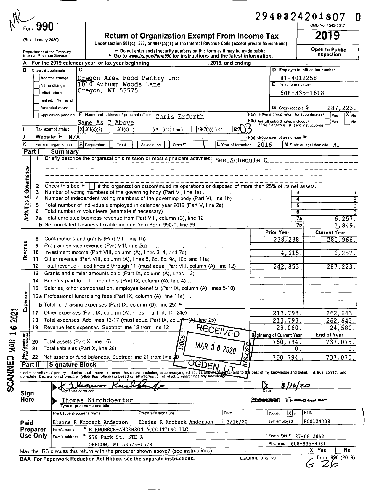 Image of first page of 2019 Form 990 for Oregon Area Food Pantry