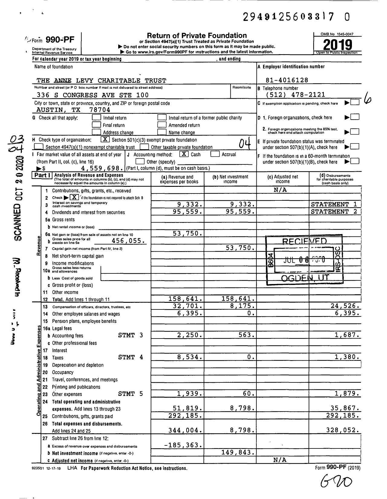 Image of first page of 2019 Form 990PR for The Anne Levy Charitable Trust