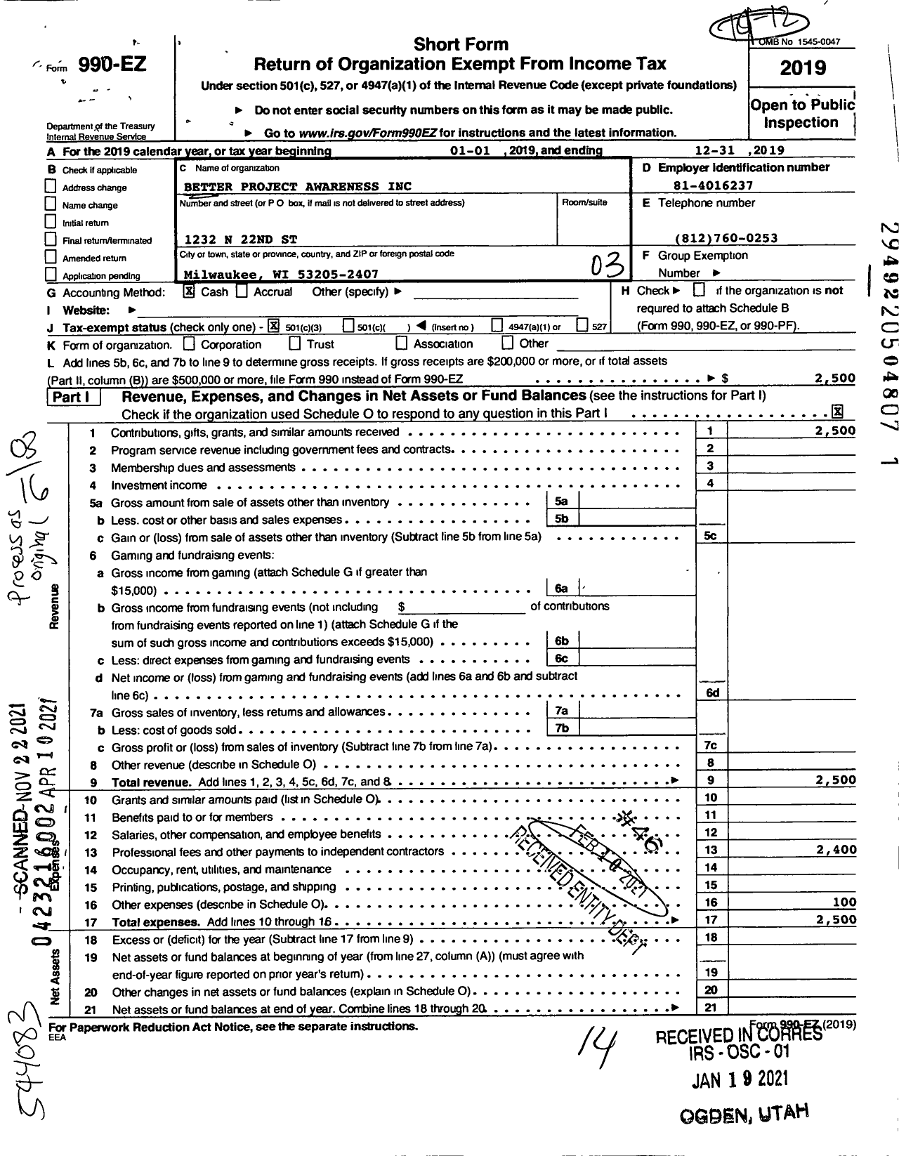 Image of first page of 2019 Form 990EZ for Better Project Awareness