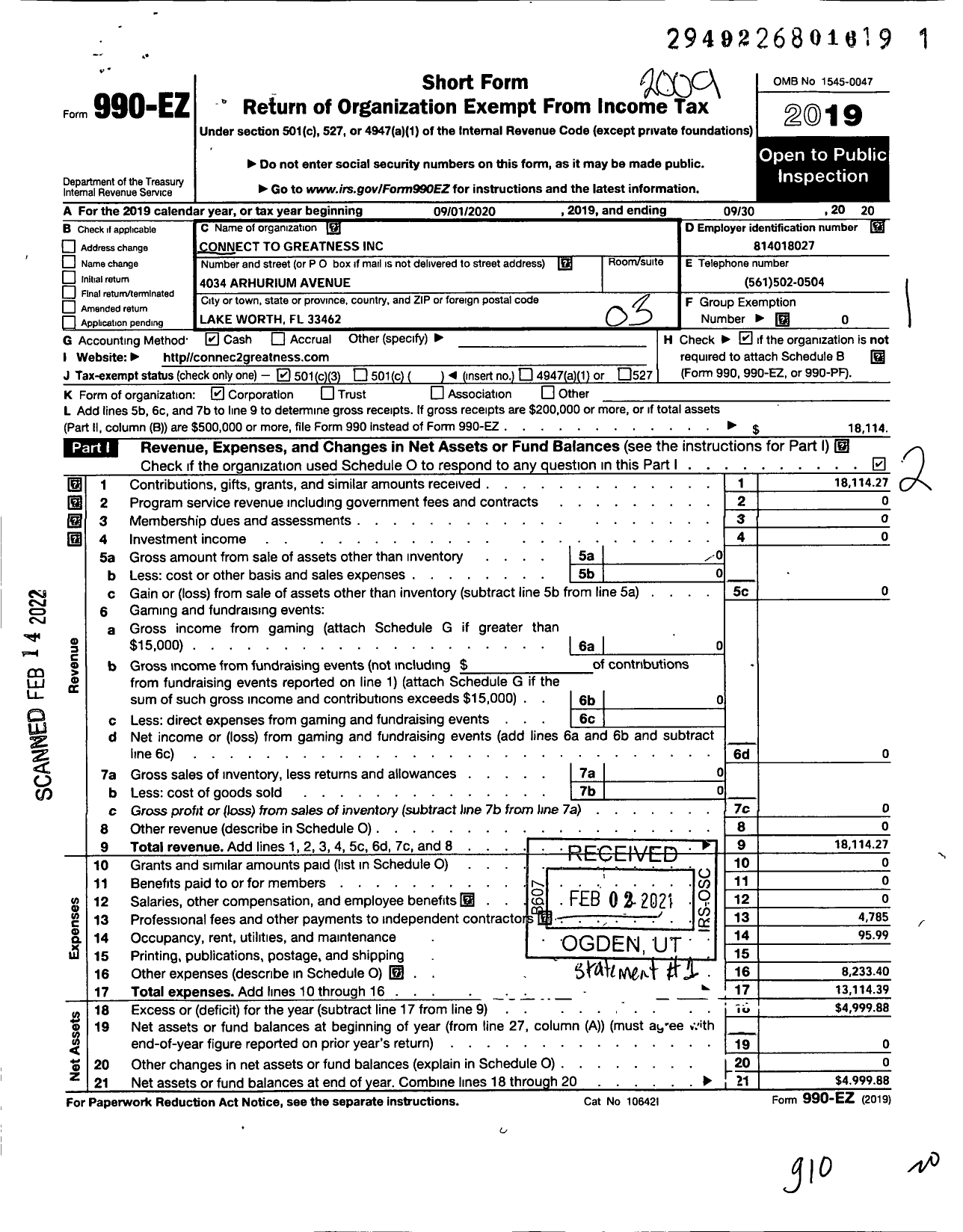 Image of first page of 2019 Form 990EZ for Connect To Greatness