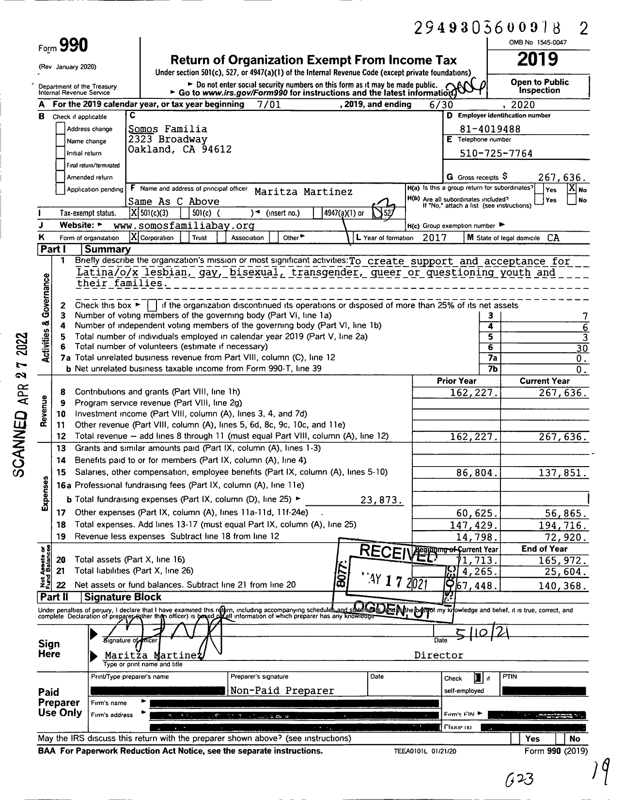 Image of first page of 2019 Form 990 for Somos Familia