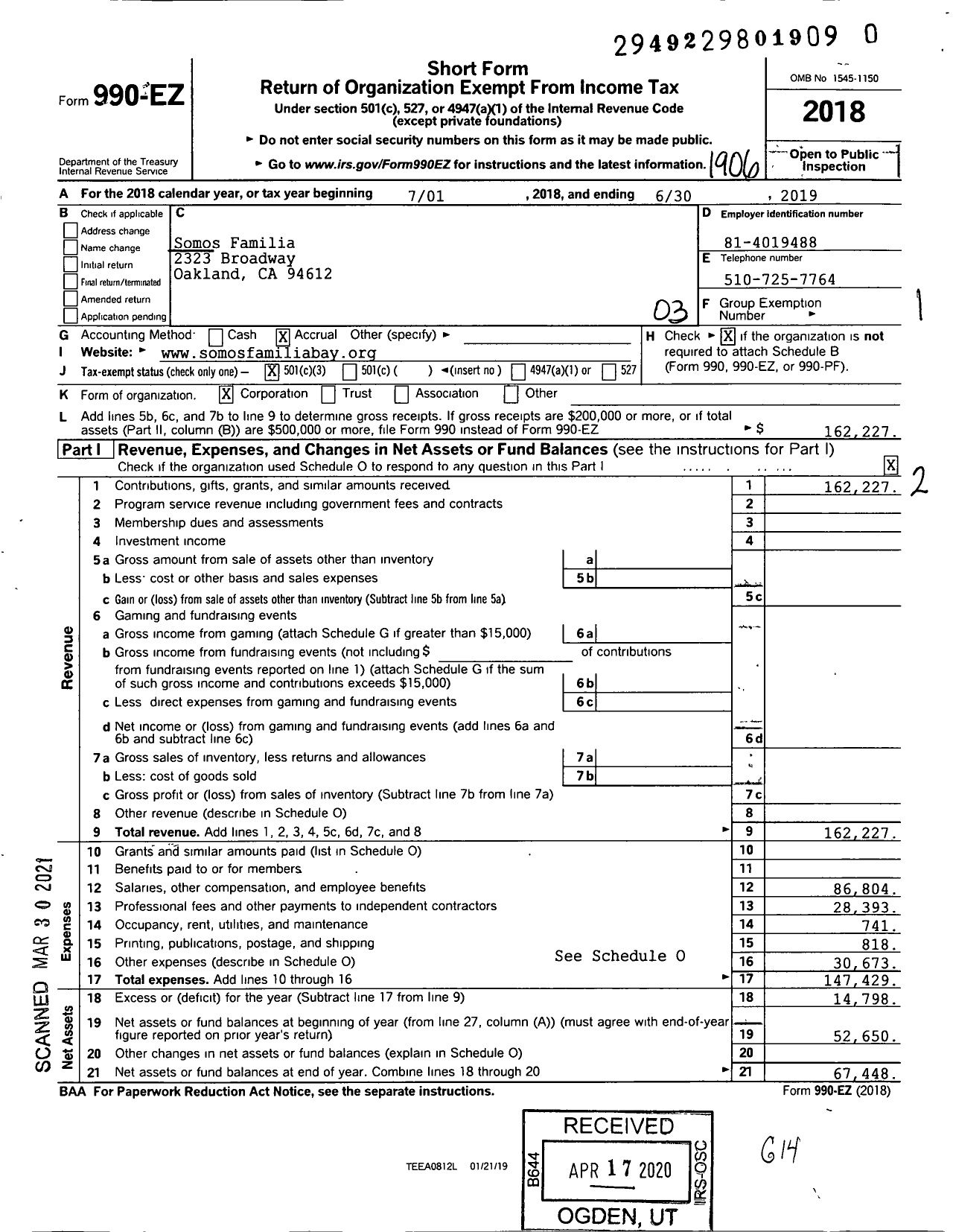 Image of first page of 2018 Form 990EZ for Somos Familia