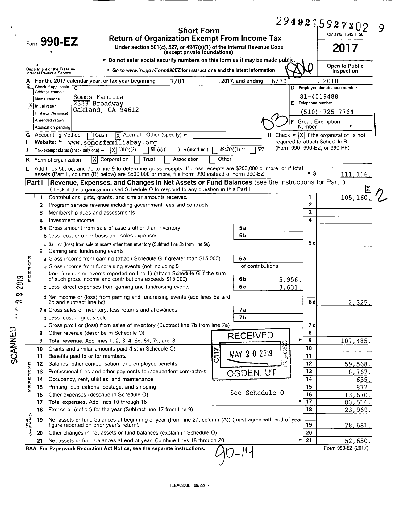 Image of first page of 2017 Form 990EZ for Somos Familia