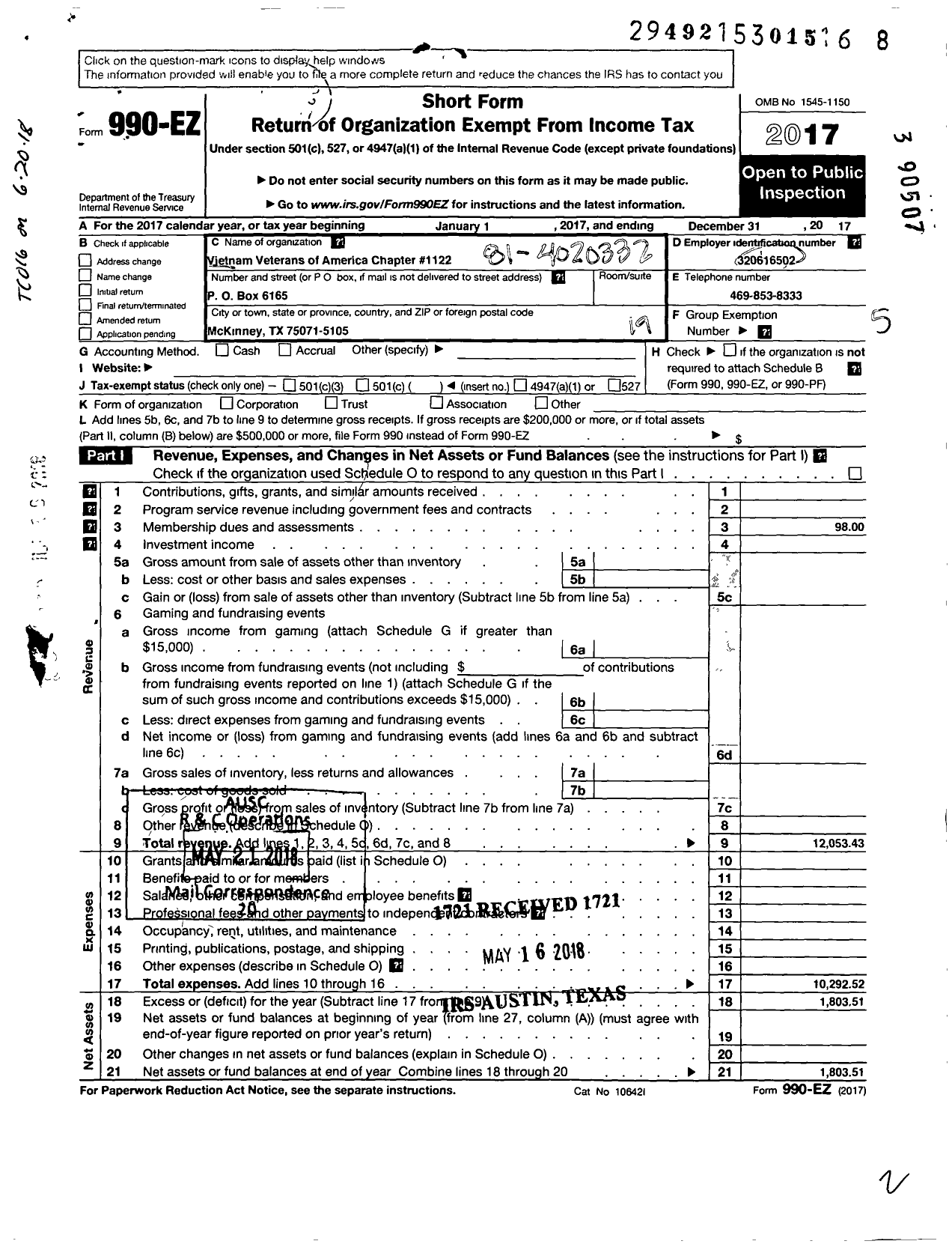 Image of first page of 2017 Form 990EO for Vietnam Veterans of America - 1122 Vva Chapter