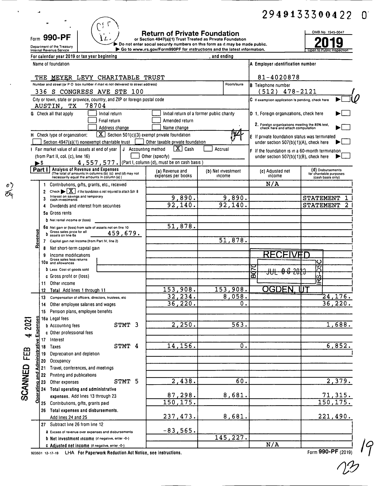 Image of first page of 2019 Form 990PF for The Meyer Levy Charitable Trust