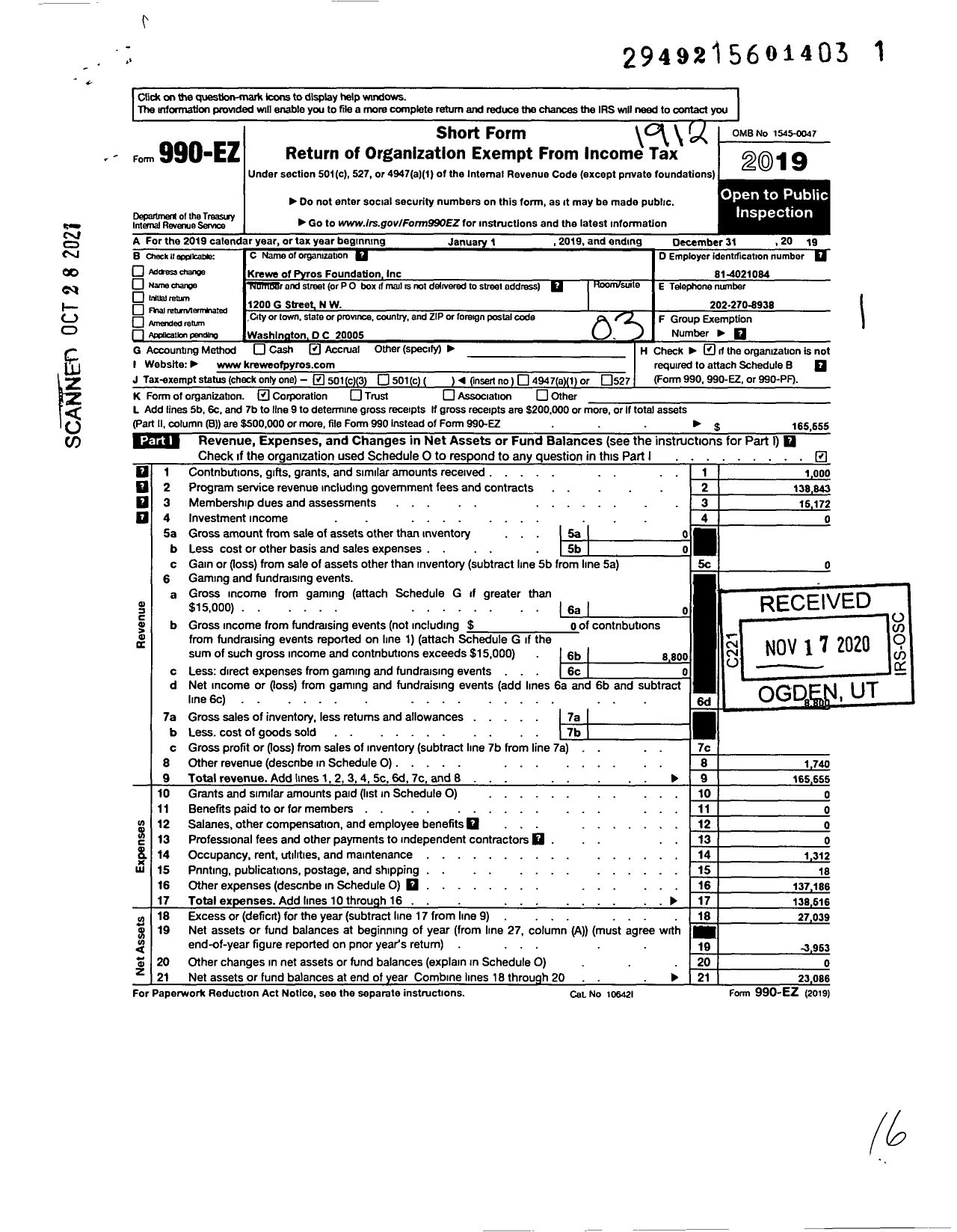 Image of first page of 2019 Form 990EZ for Krewe of Pyros Foundation