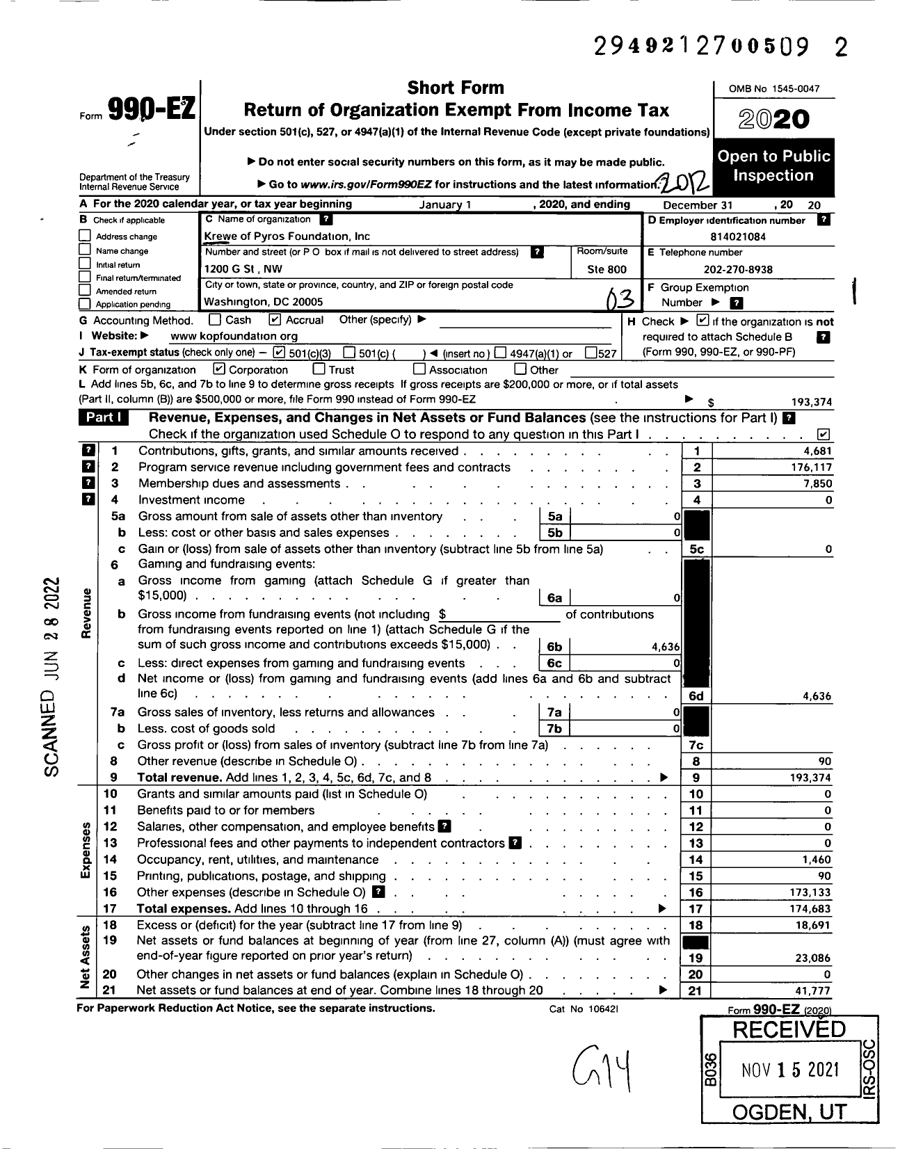 Image of first page of 2020 Form 990EZ for Krewe of Pyros Foundation