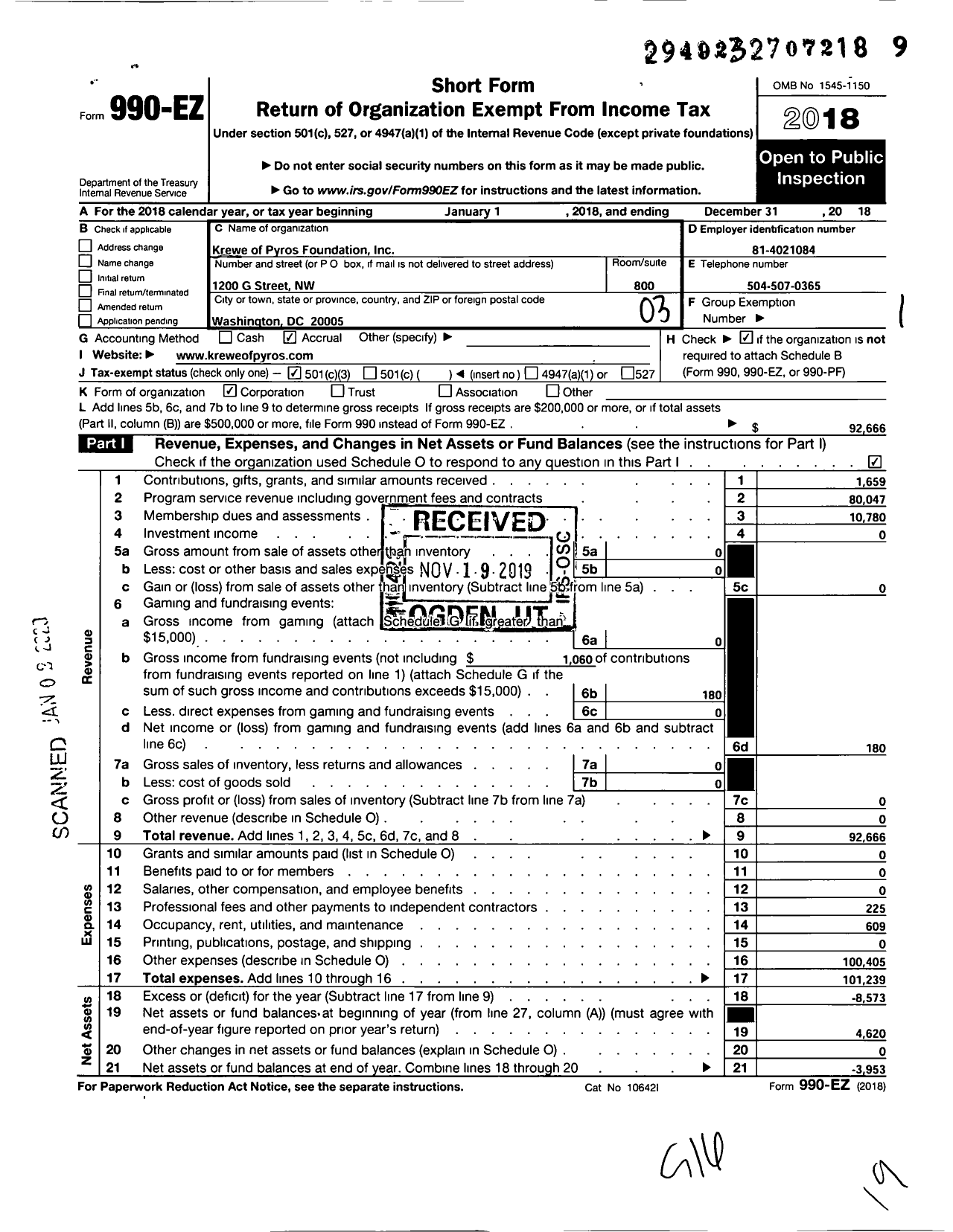 Image of first page of 2018 Form 990EZ for Krewe of Pyros Foundation