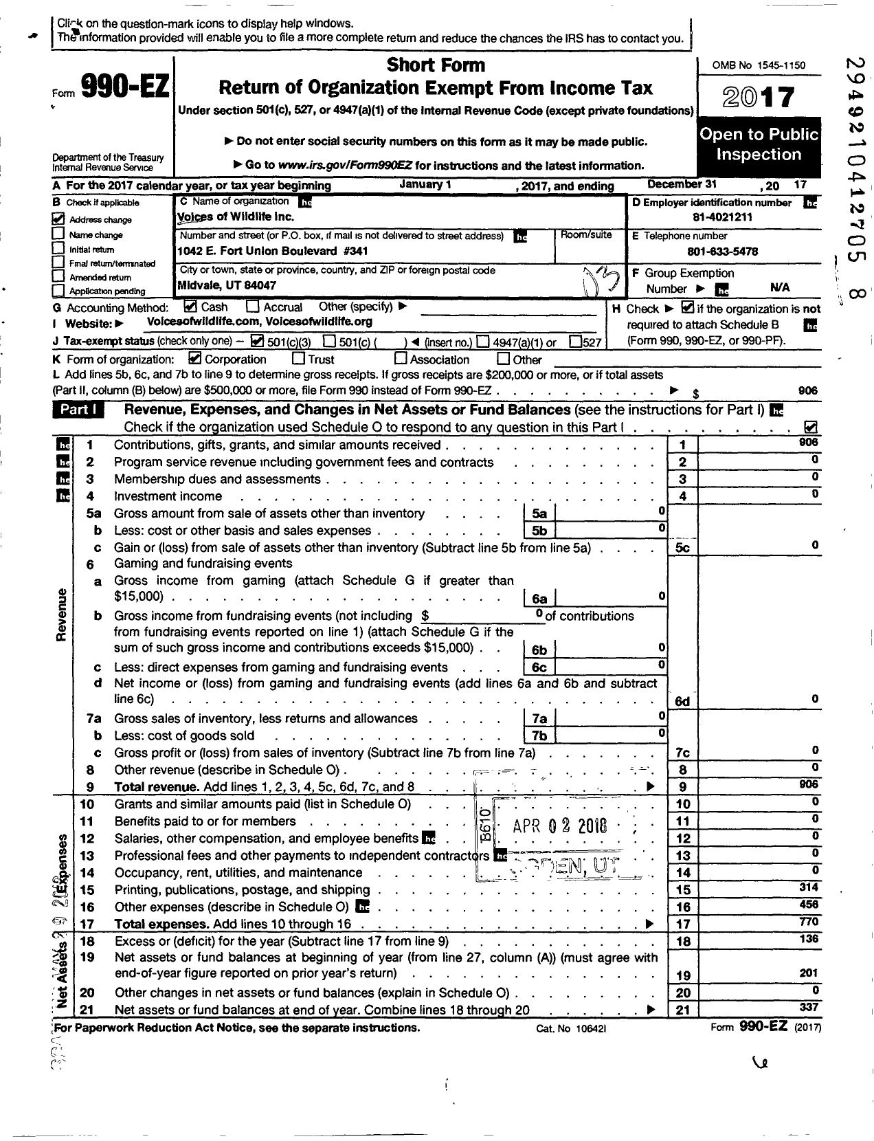 Image of first page of 2017 Form 990EZ for Voices of Wildlife