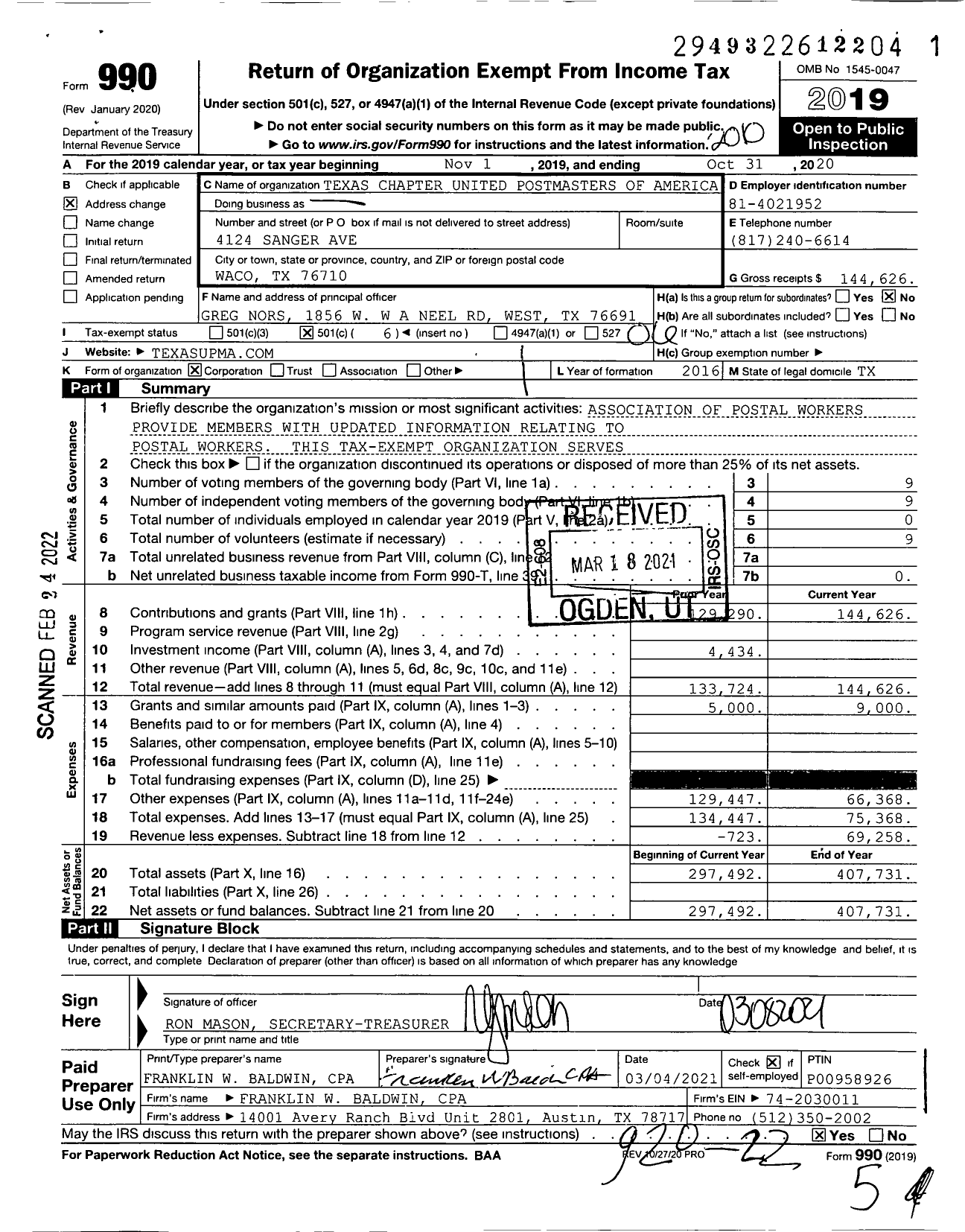 Image of first page of 2019 Form 990O for Texas Chapter United Postmasters of America