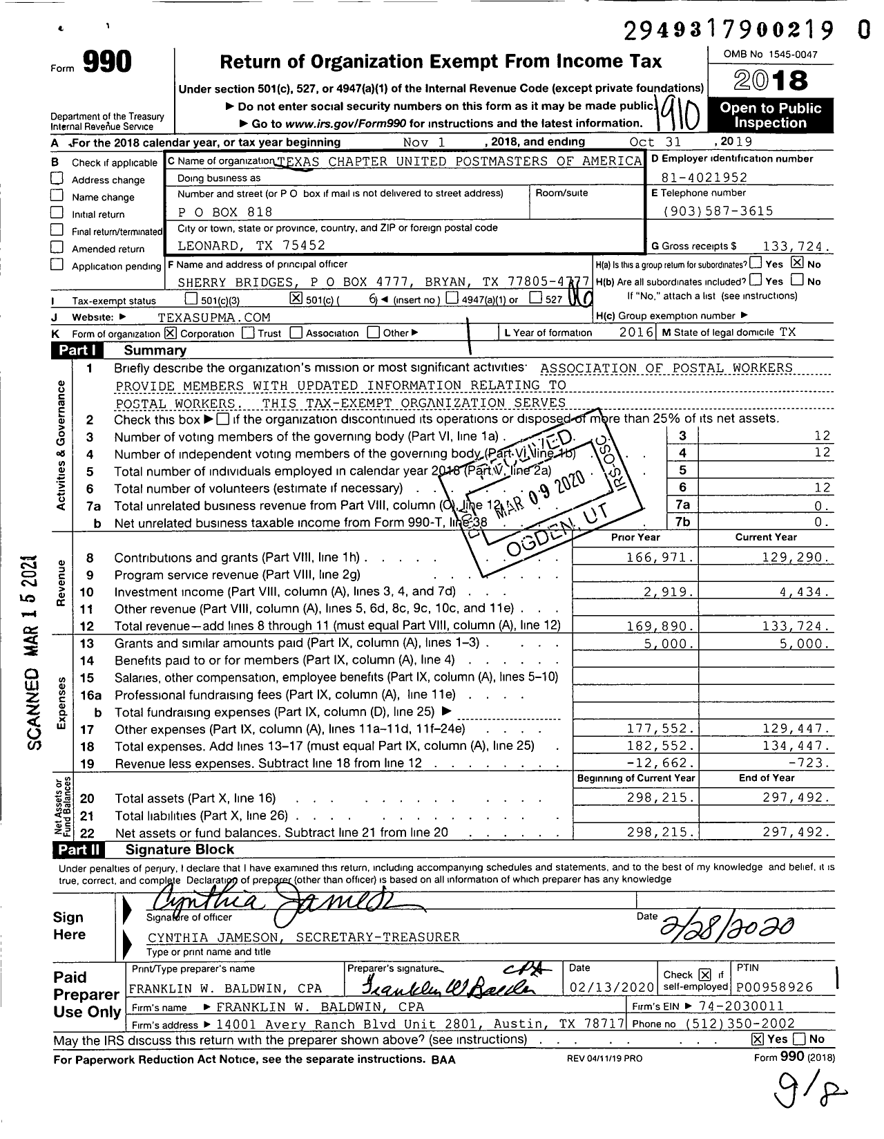 Image of first page of 2018 Form 990O for Texas United Postmasters and Managers of America