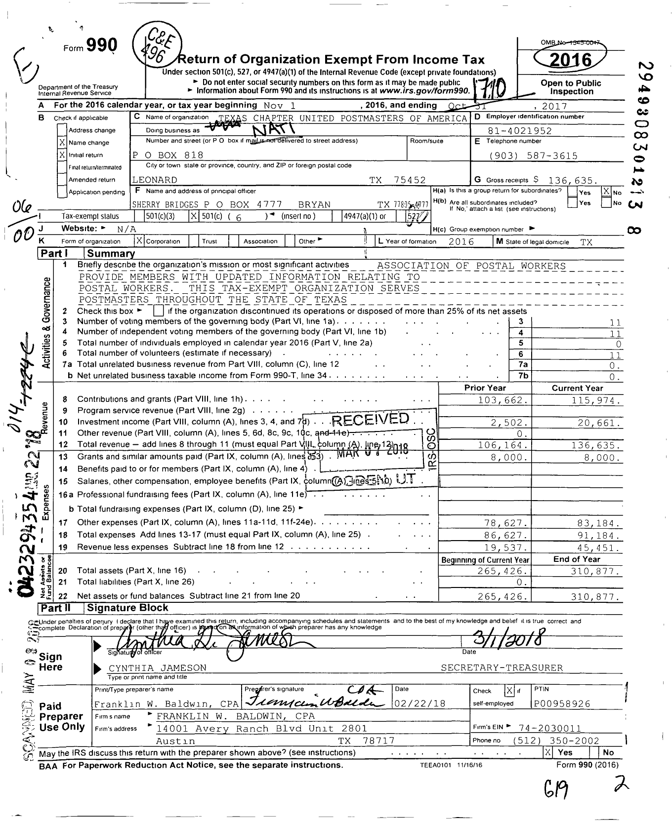 Image of first page of 2016 Form 990O for Texas Chapter United Postmasters of America