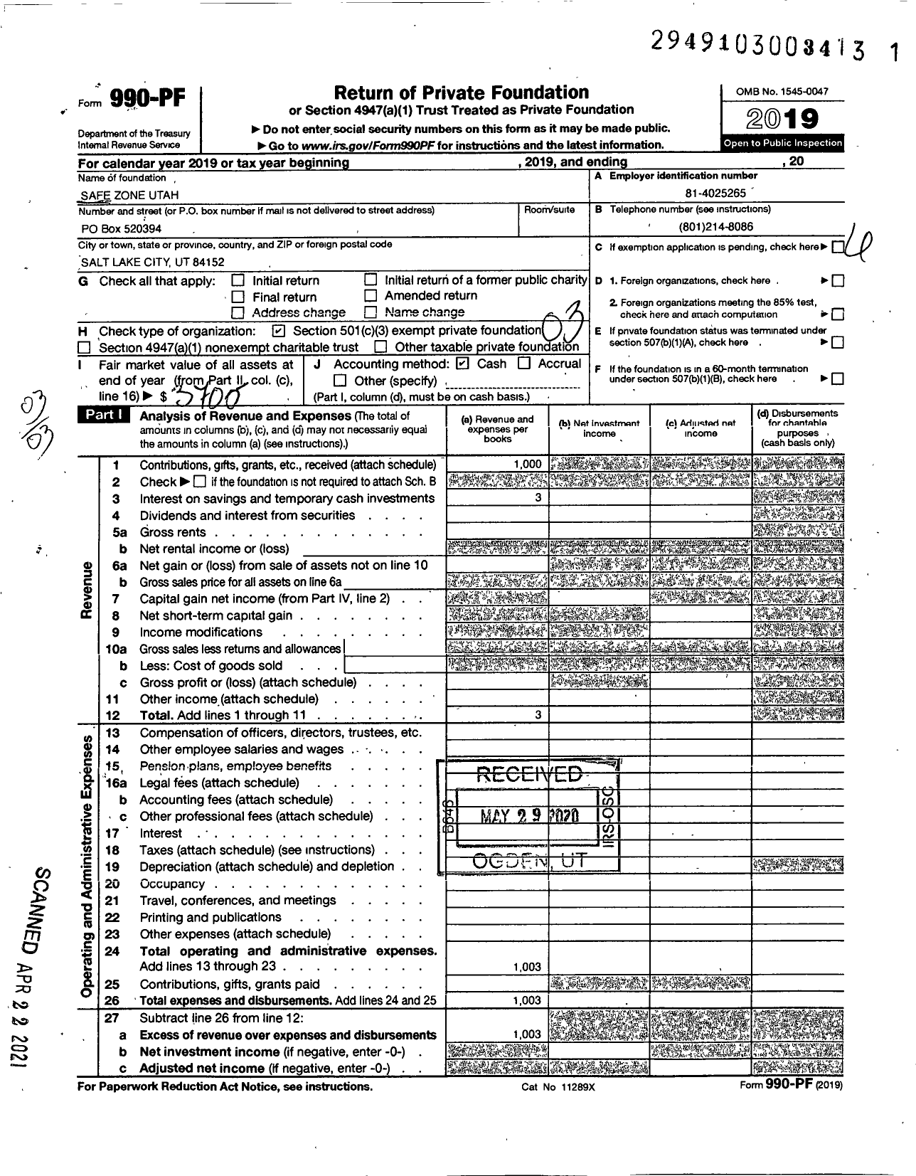 Image of first page of 2019 Form 990PF for Safe Zone Utah