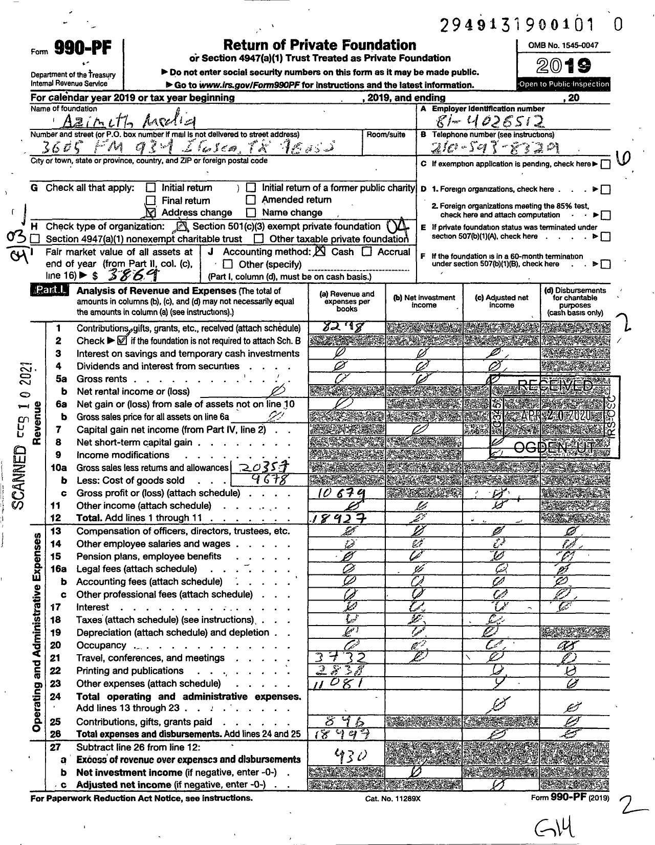 Image of first page of 2019 Form 990PF for Azimuth Media Azimuth Media