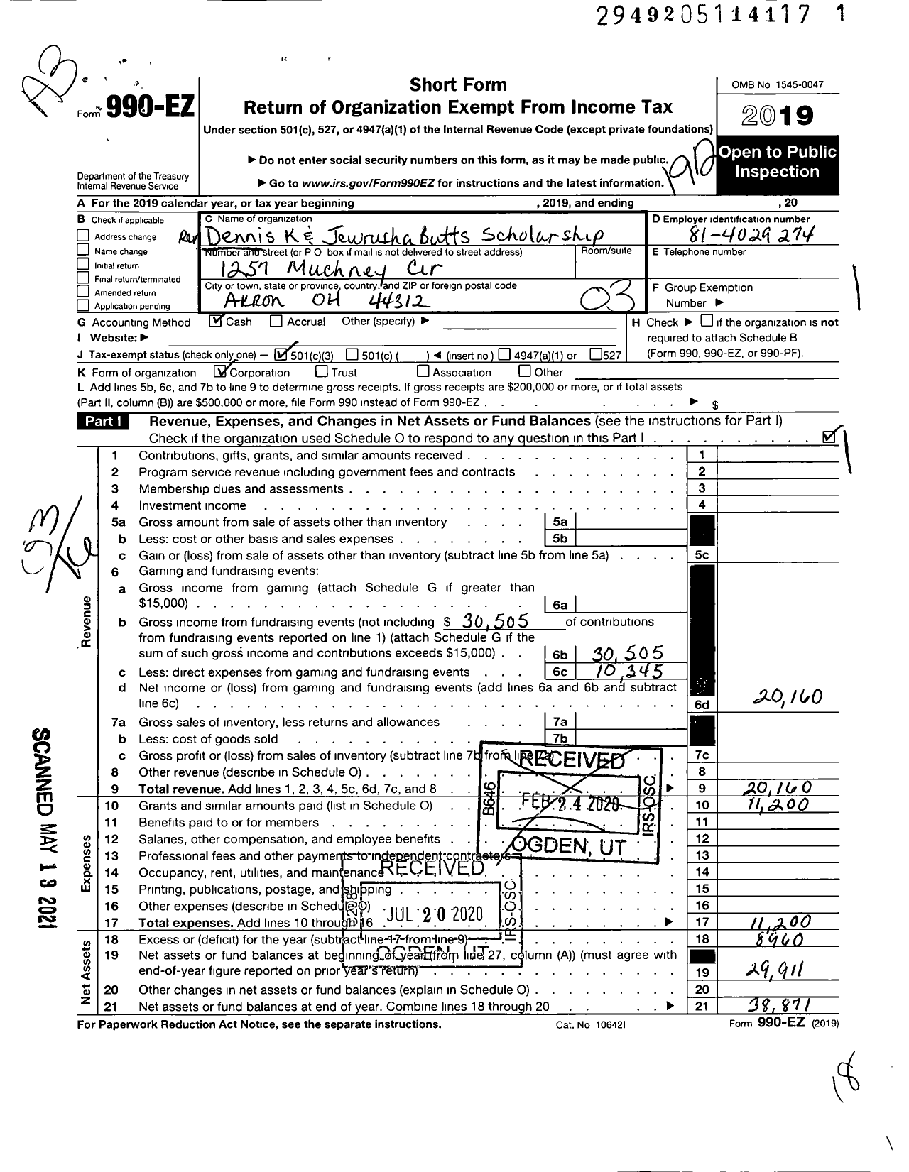 Image of first page of 2019 Form 990EZ for Rev Dennis & Jewrusha Butts Scholarship