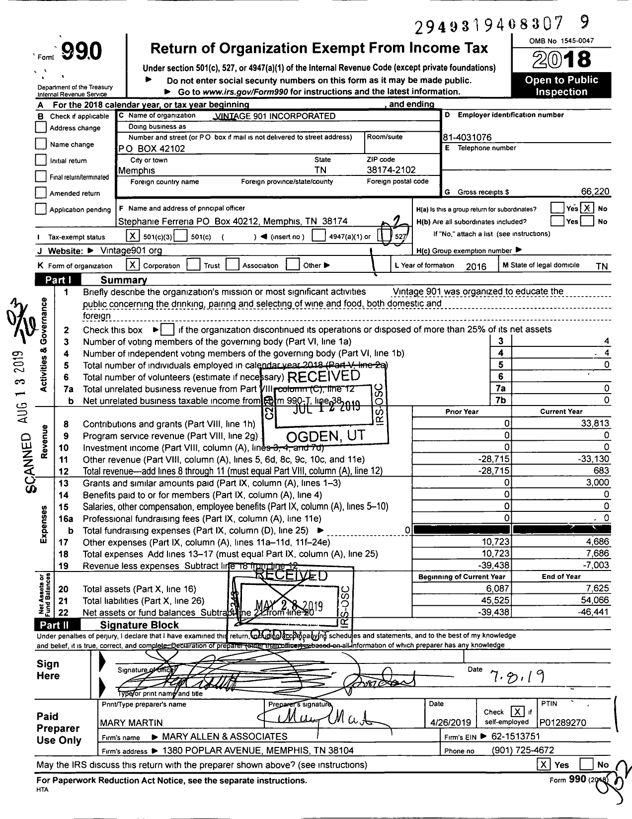 Image of first page of 2018 Form 990 for Vintage 901 Incorporated