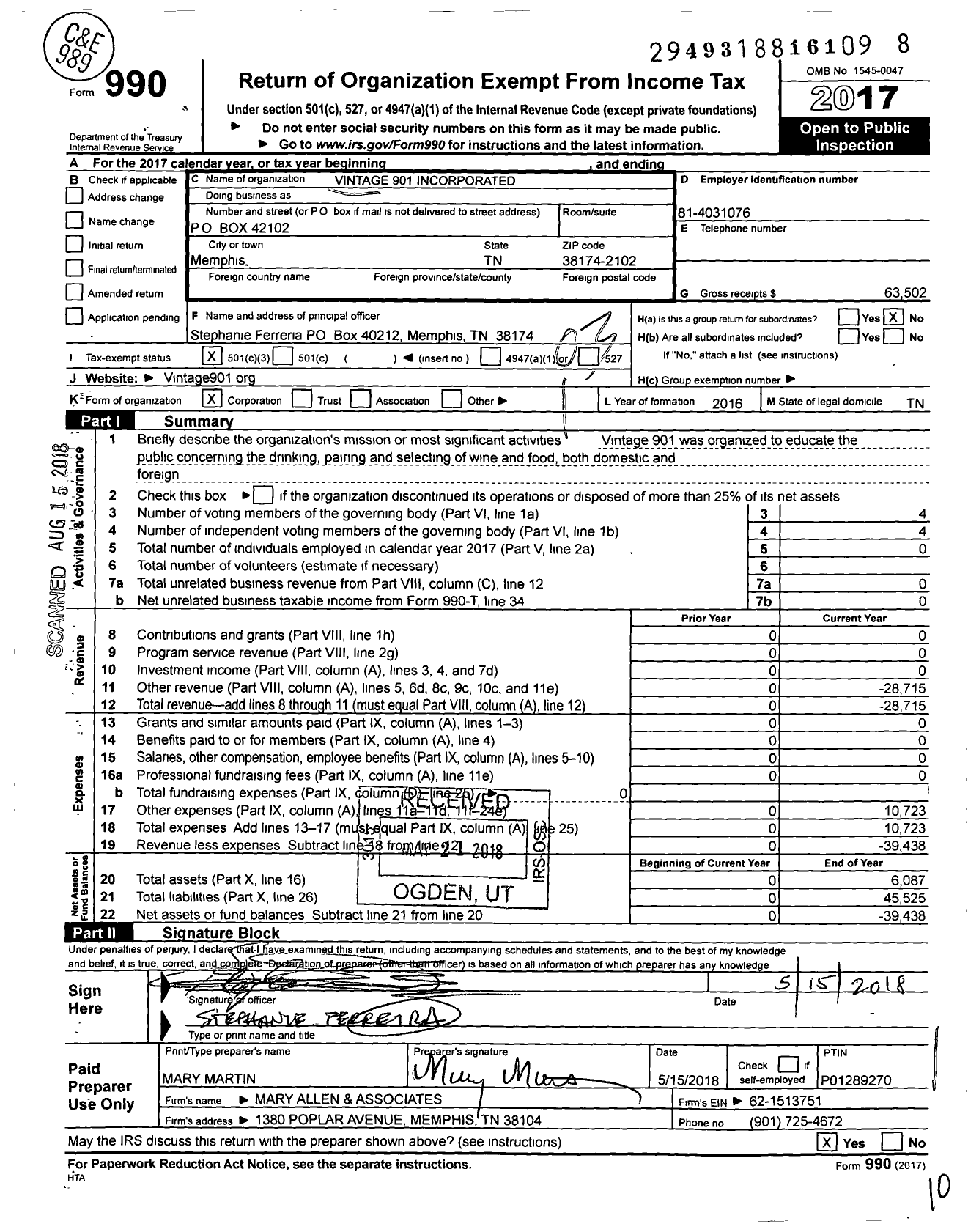 Image of first page of 2017 Form 990 for Vintage 901 Incorporated