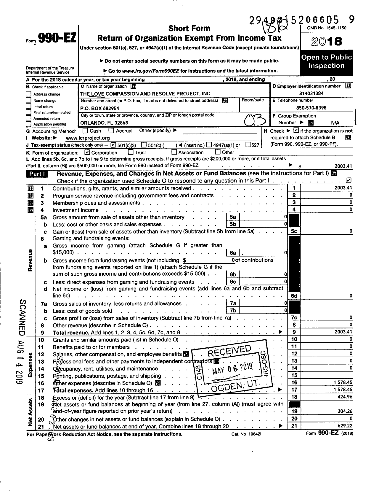 Image of first page of 2018 Form 990EZ for The Love Compassion and Resolve Pro