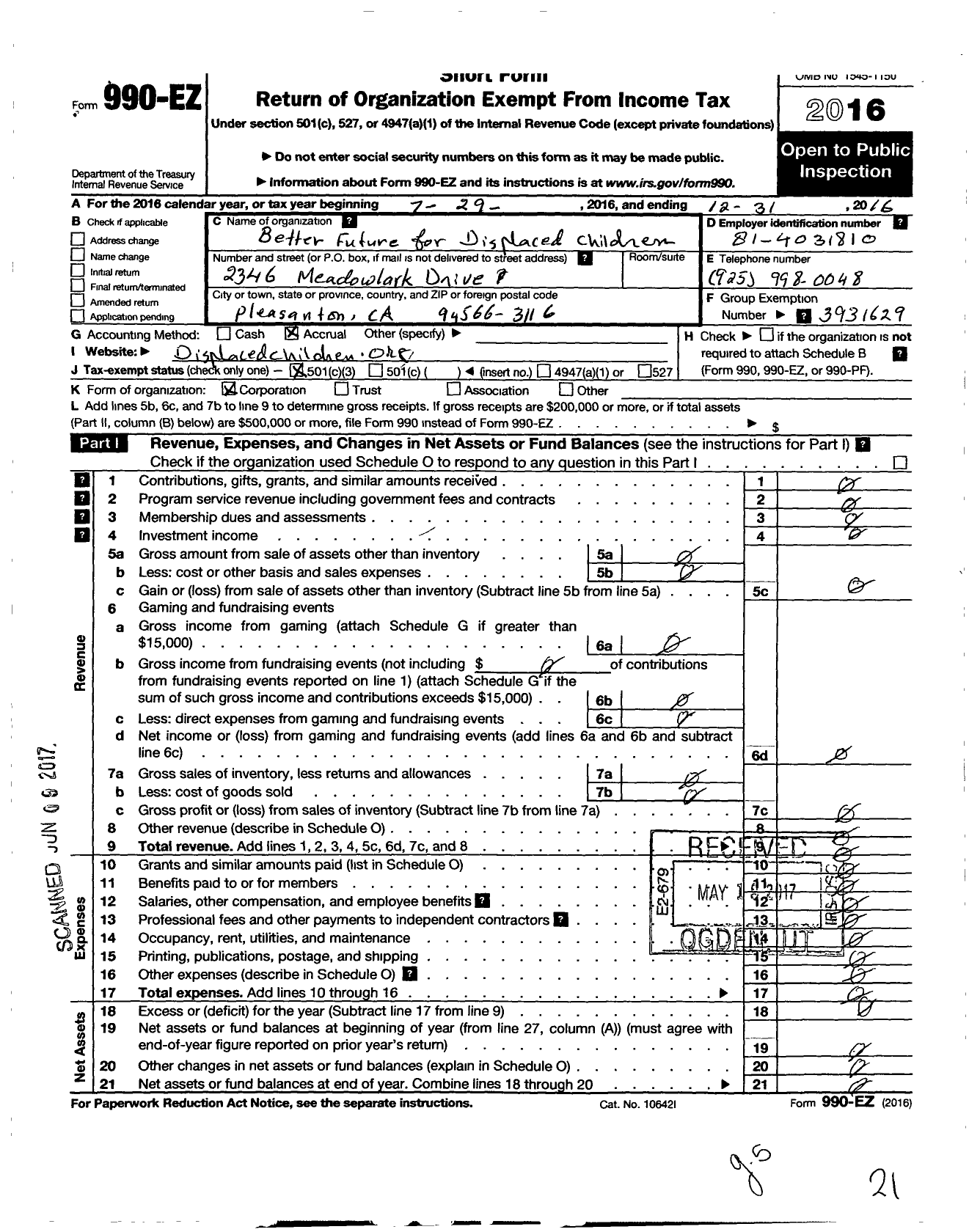 Image of first page of 2016 Form 990EZ for Better Future for Displaced Children