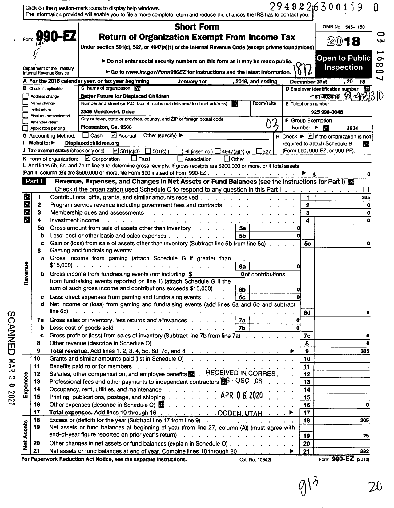 Image of first page of 2018 Form 990EZ for Better Future for Displaced Children