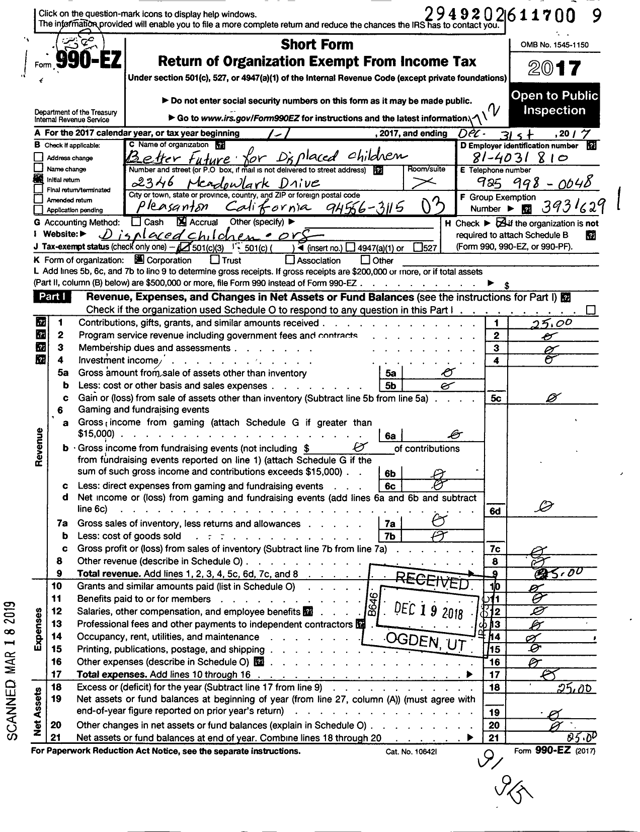 Image of first page of 2017 Form 990EZ for Better Future for Displaced Children