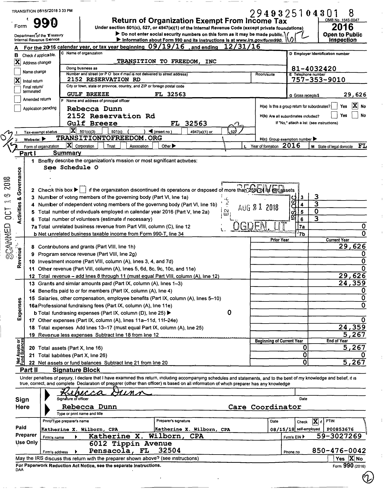 Image of first page of 2016 Form 990 for Transition To Freedom