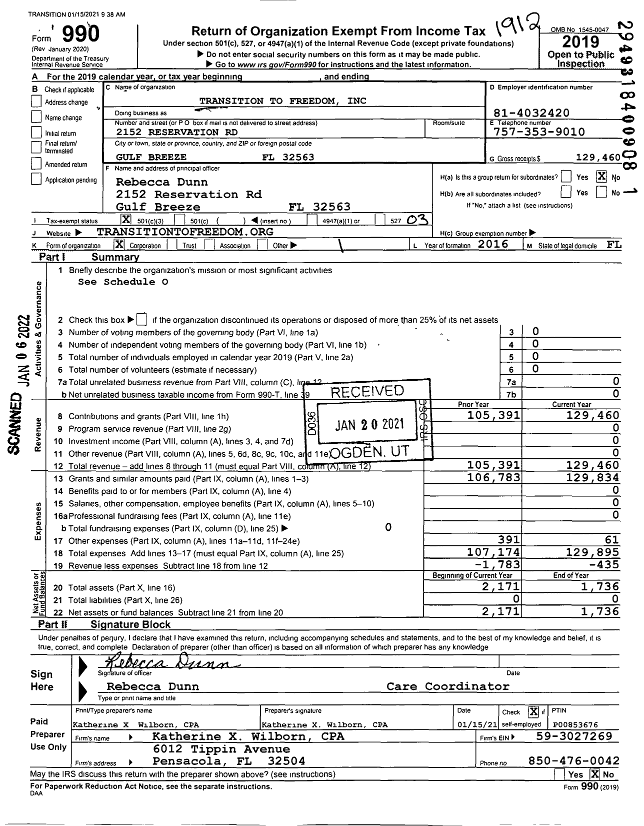 Image of first page of 2019 Form 990 for Transition To Freedom