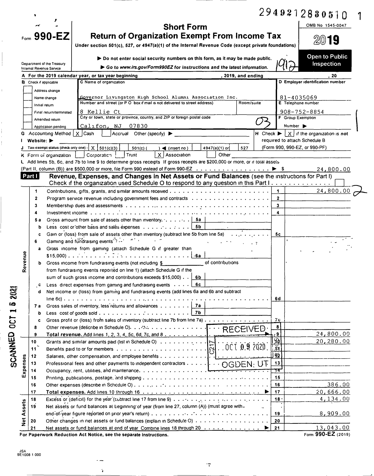 Image of first page of 2019 Form 990EZ for Governor Livingston High School Alumni Association