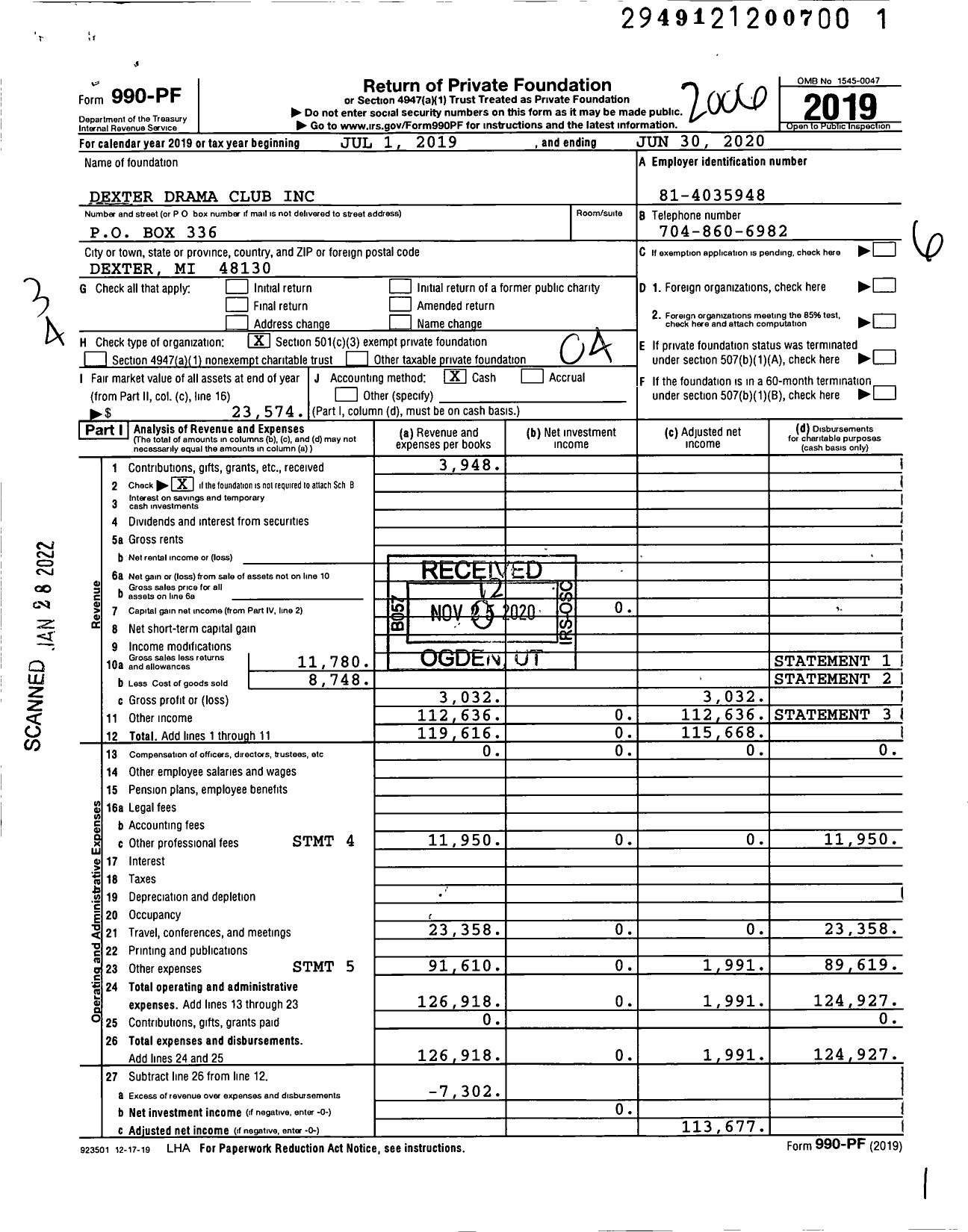 Image of first page of 2019 Form 990PF for Dexter Drama Club