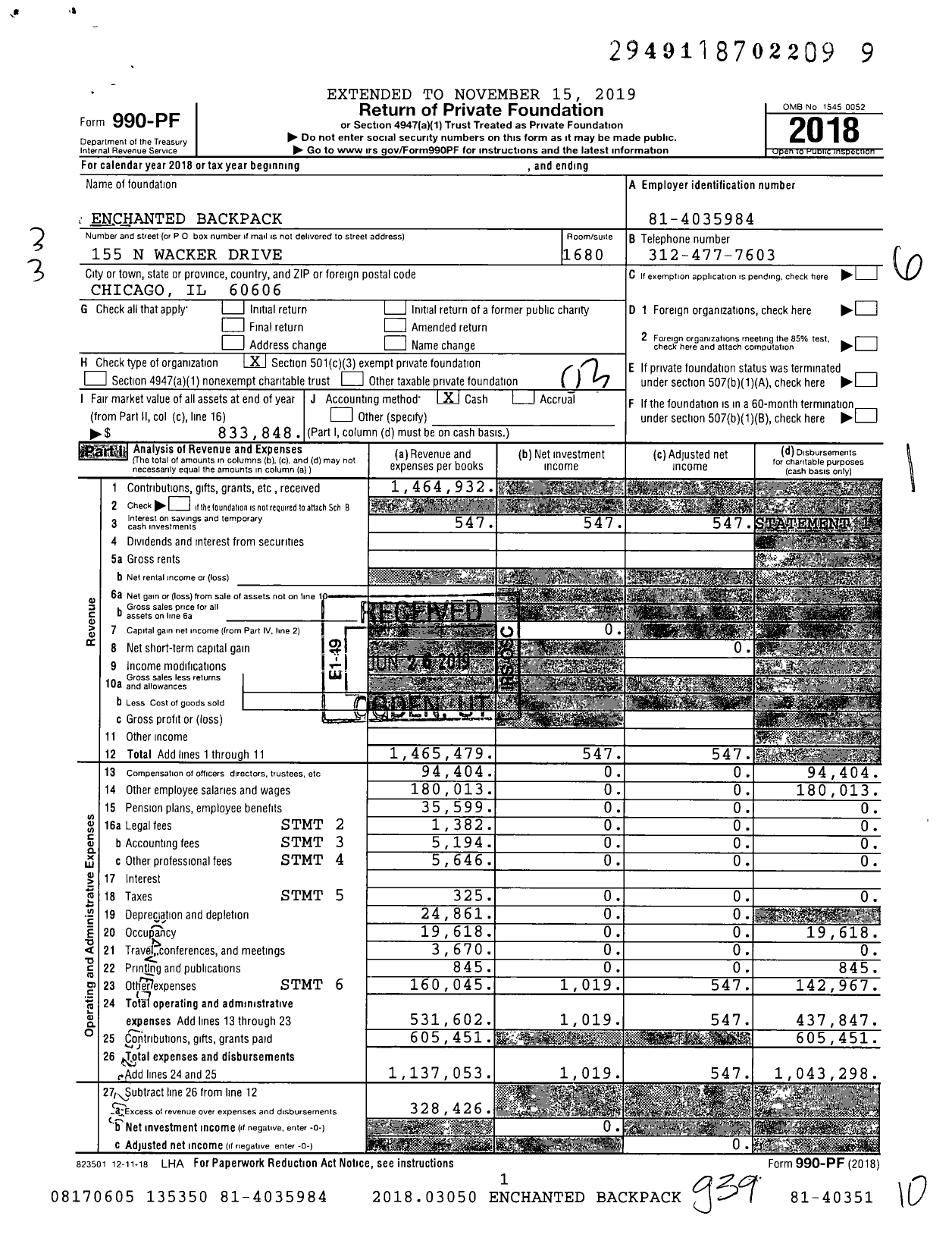 Image of first page of 2018 Form 990PF for Enchanted Backpack