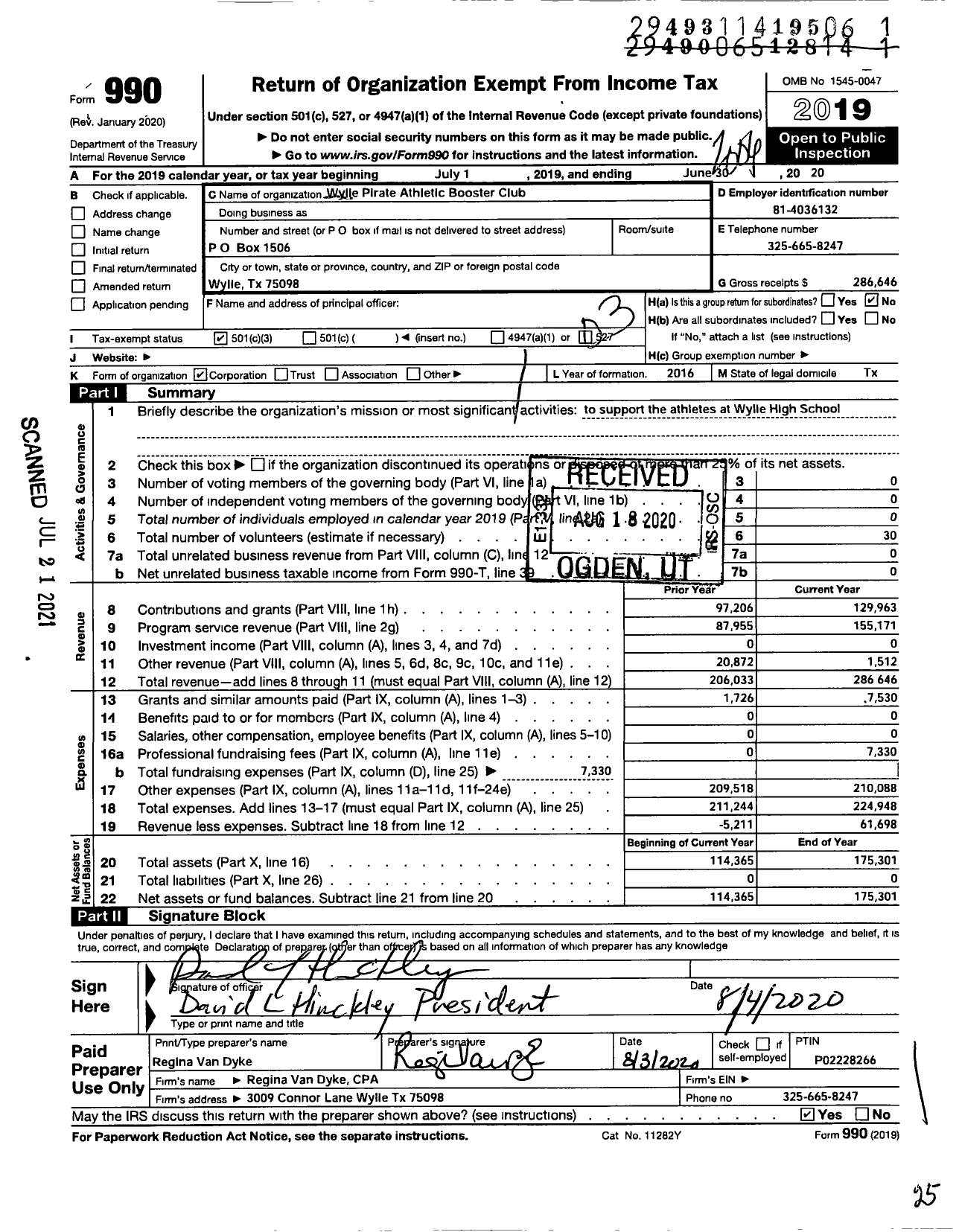 Image of first page of 2019 Form 990 for Wylie Pirate Athletic Booster Club