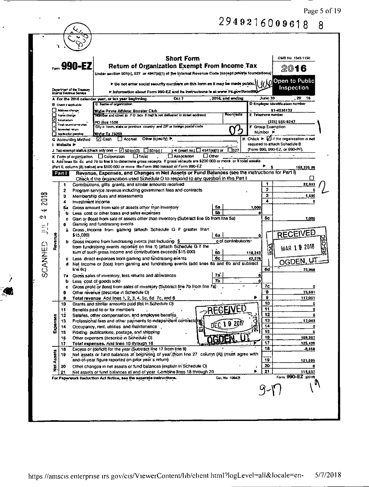 Image of first page of 2015 Form 990EZ for Wylie Pirate Athletic Booster Club